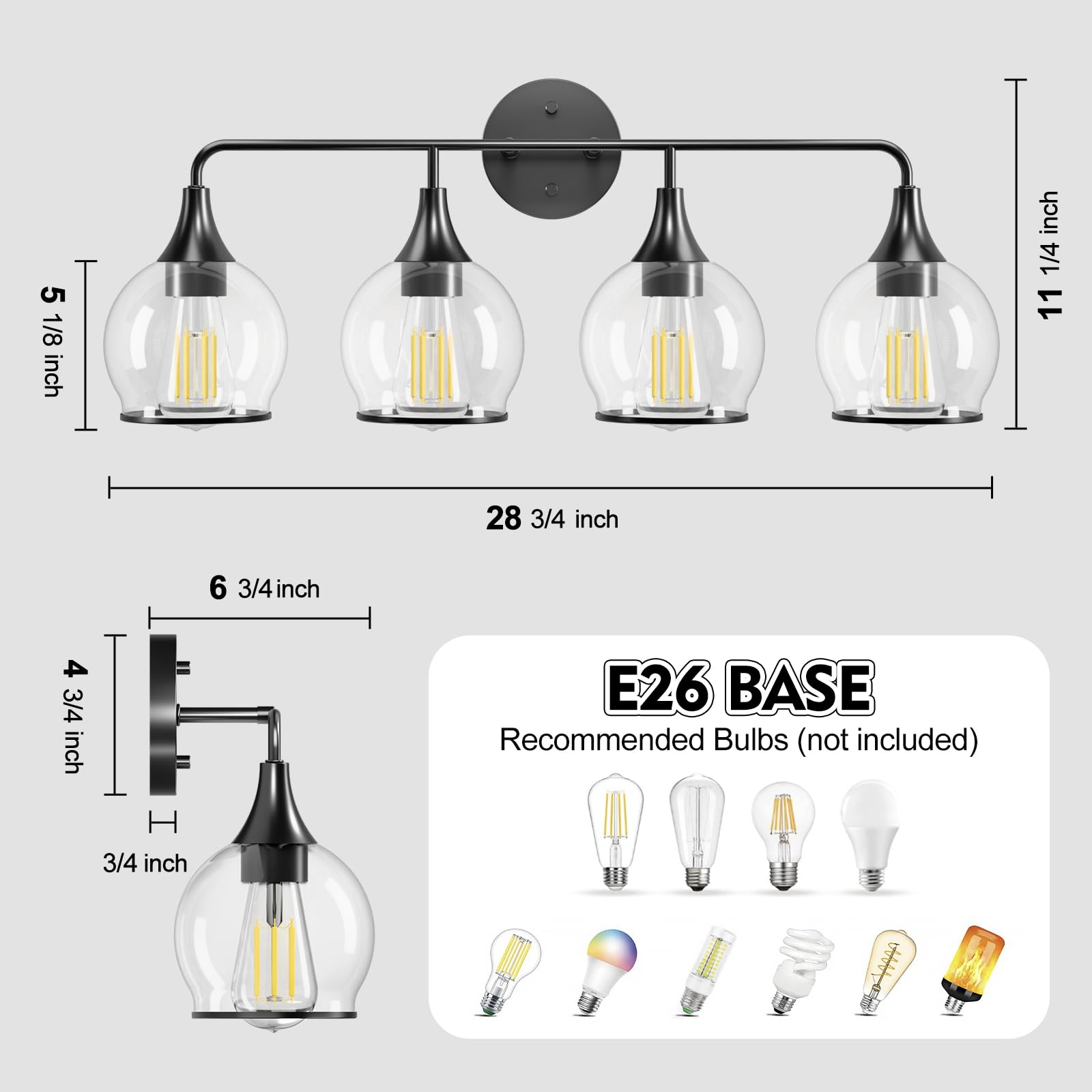 Lightania Bathroom Light Fixtures, 4-Light Vanity Lights with Clear Globe Glass Shade, Modern Black Bathroom Vanity Light, Bathr