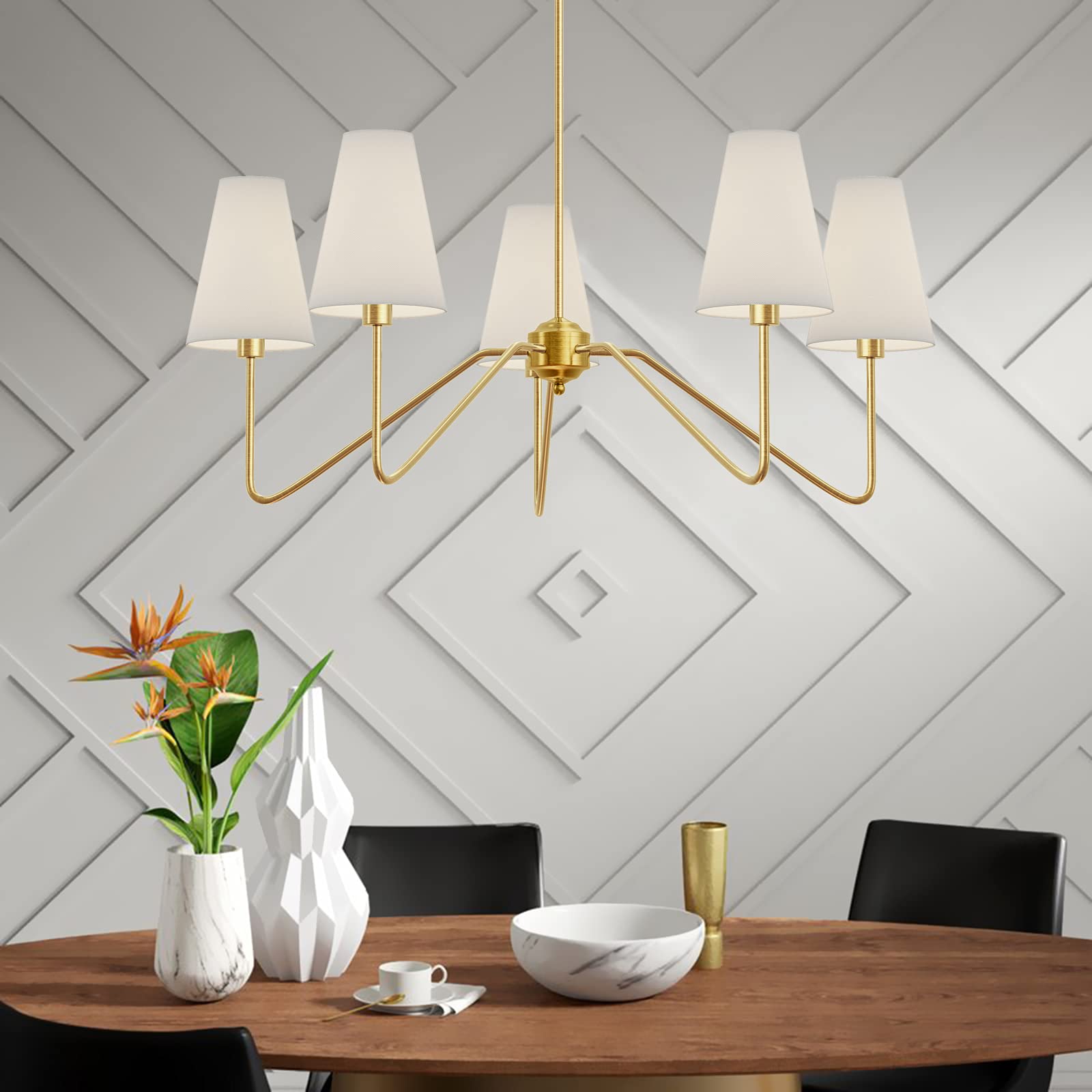 Electro Bp 30&quot; 5-Arm Classic Chandelier, Polished Gold With White Linen Shades, Ceiling Fixture