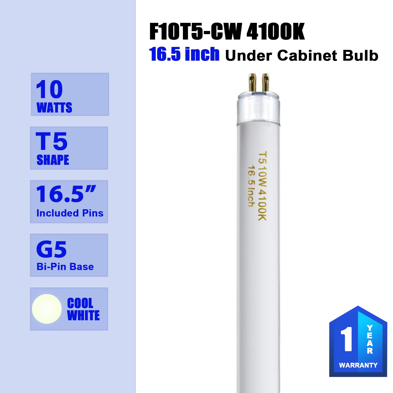 Amgolibi T5 10W Fluorescent Light Bulb, Cool White, 16", G5 Base, 4-Pack, 900lm, Glass