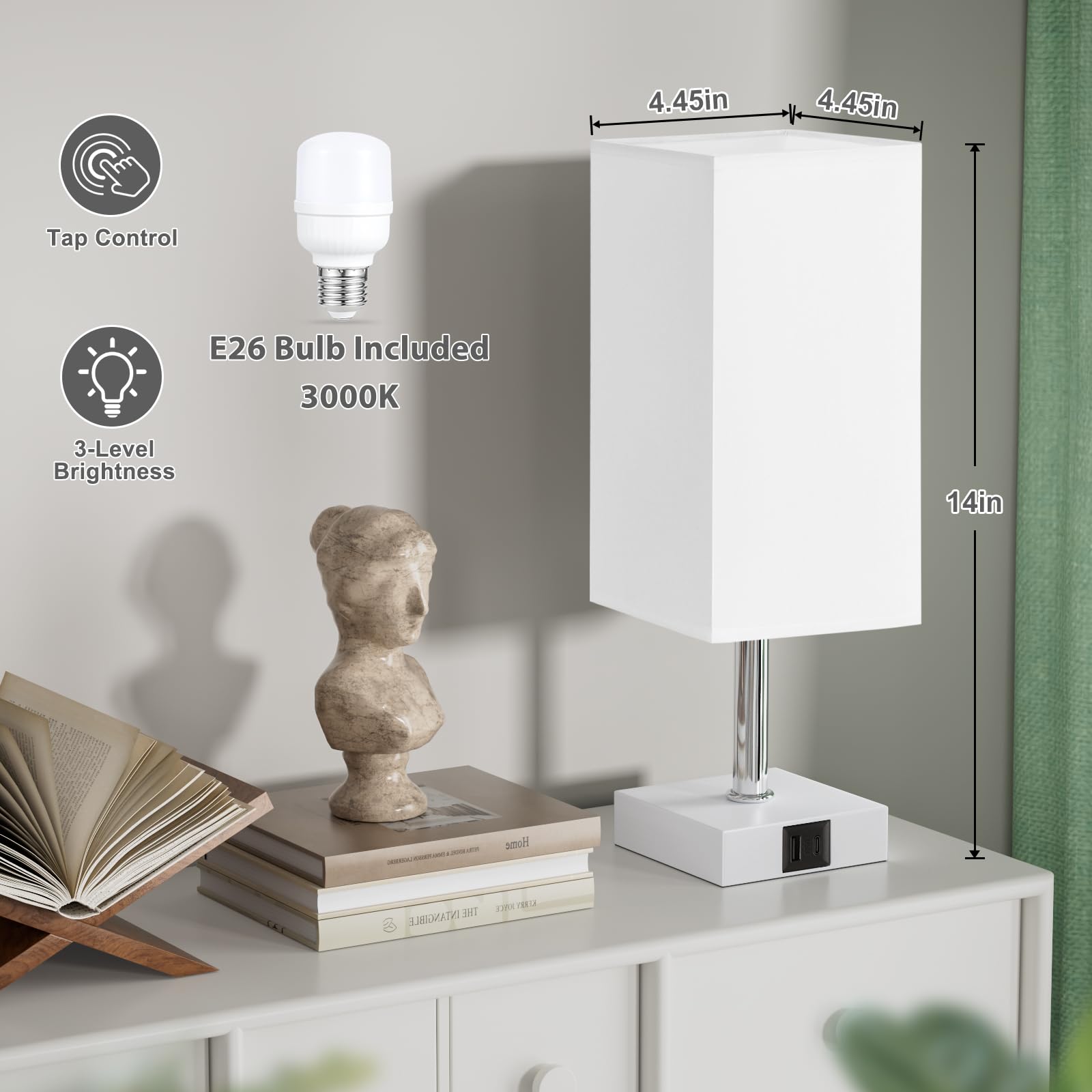 Ambimall Touch Control Table Lamp, USB A+C Ports, 3 Way, Metal, White Shade, Model RPT-1104