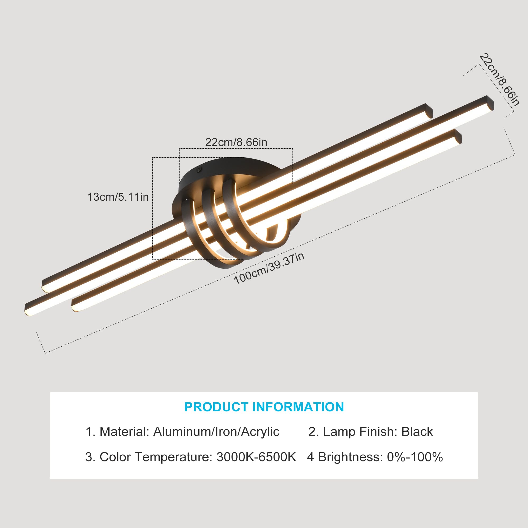 Garwarm Modern Ceiling Light Fixture,39.4 Inch Black Kitchen Lights Ceiling, Linear Dimmable Led Chandelier Remote Control For D