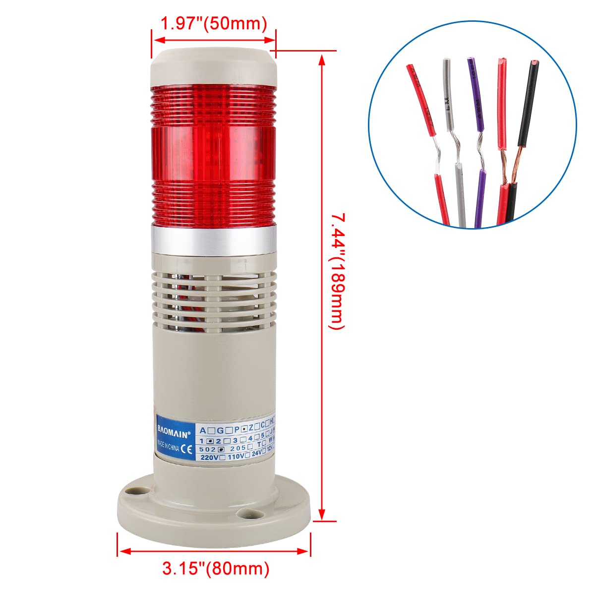Baomain Alarm Warning Flashing Light 24V Dc Industrial With Buzzer Bright Light Red Led Signal Tower Lamp Ltp-502Wj