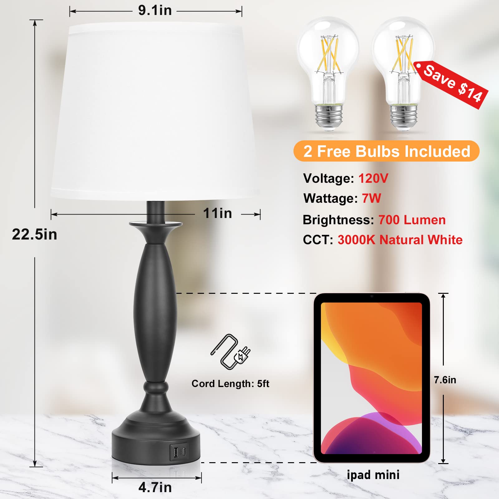 White Lamps For Bedrooms Set Of 2 - Touch Control Bedside Lamp With Usb C+A, 3 Way Dimmable Nightstand Lamps With Usb Port, Tabl