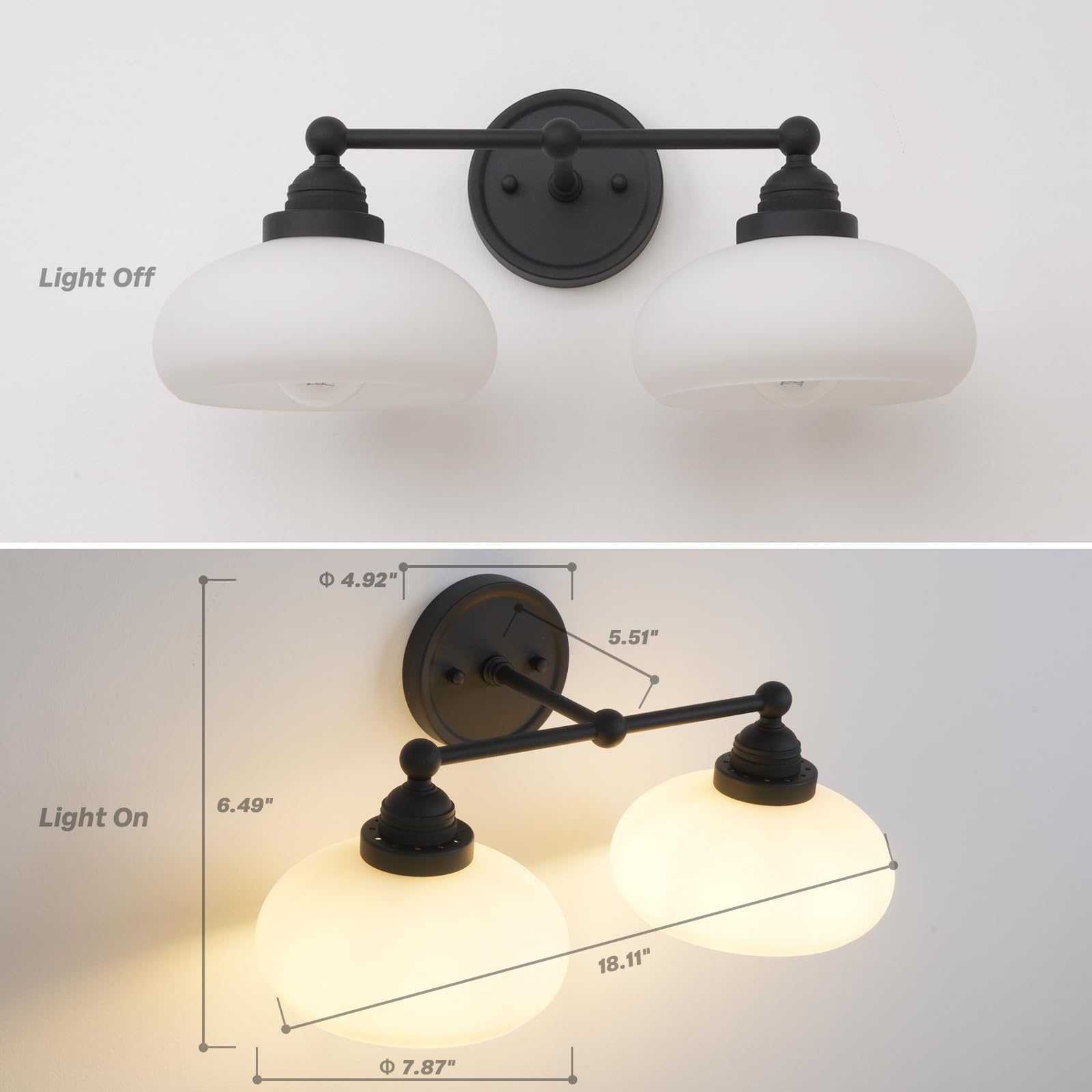 SongCiLT Vintage 2-Light Wall Sconces, Black Glass Shade, Double Arm Fixture for Living Room, Dining Room, Bedroom - Model SC-LWT320B1