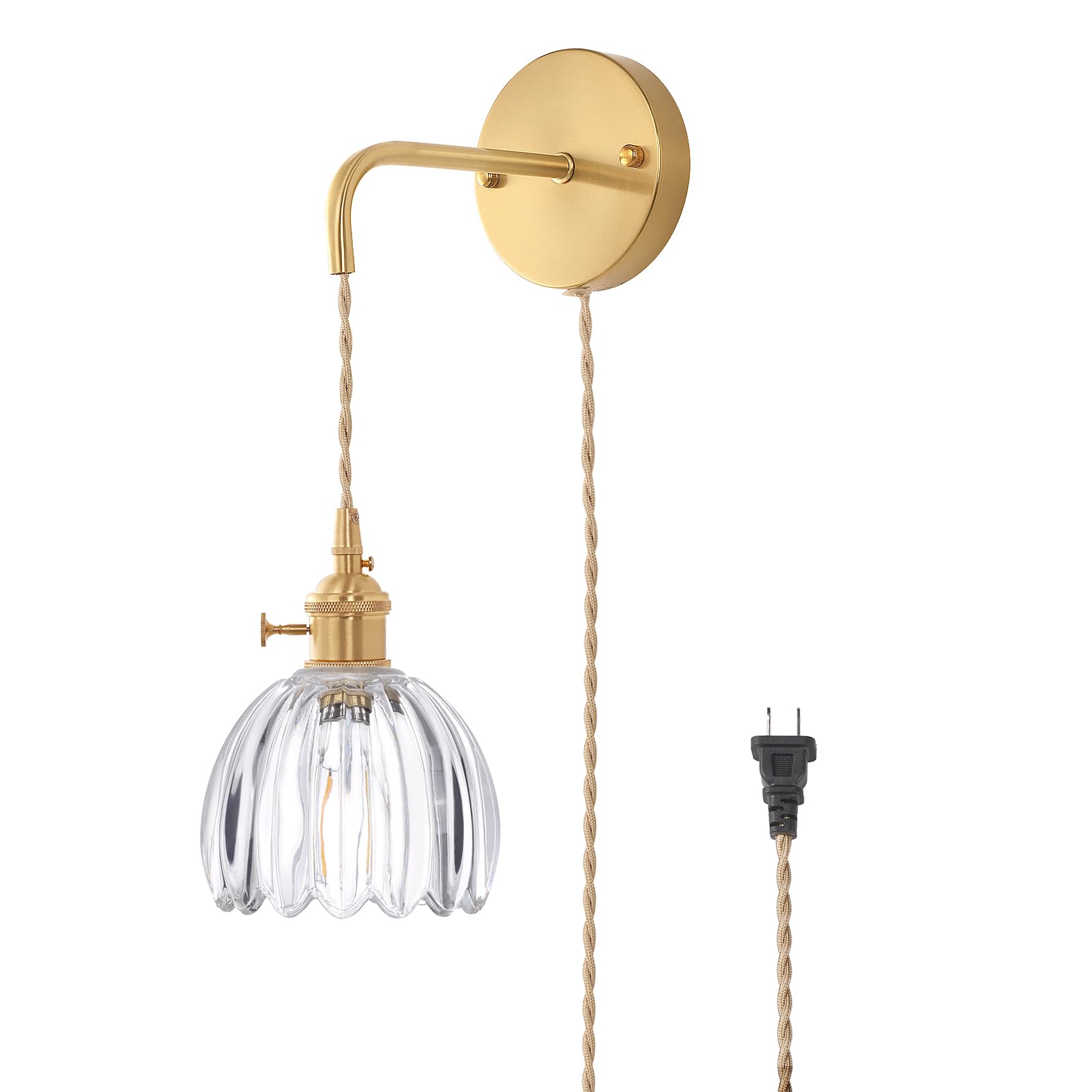 Shenmoyl Vintage Wall Sconce Lamp, Clear Tulip Glass Shade, Plug-in (1 Pack), Brass, Model 1-9390