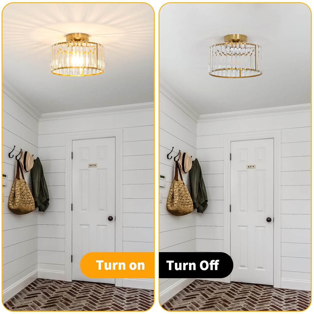 Crystal Ceiling Light Fixture, Modern Semi Flush Mount Ceiling Light, Gold Hallway Lighting Fixtures Chandelier For Kitchen, Clo