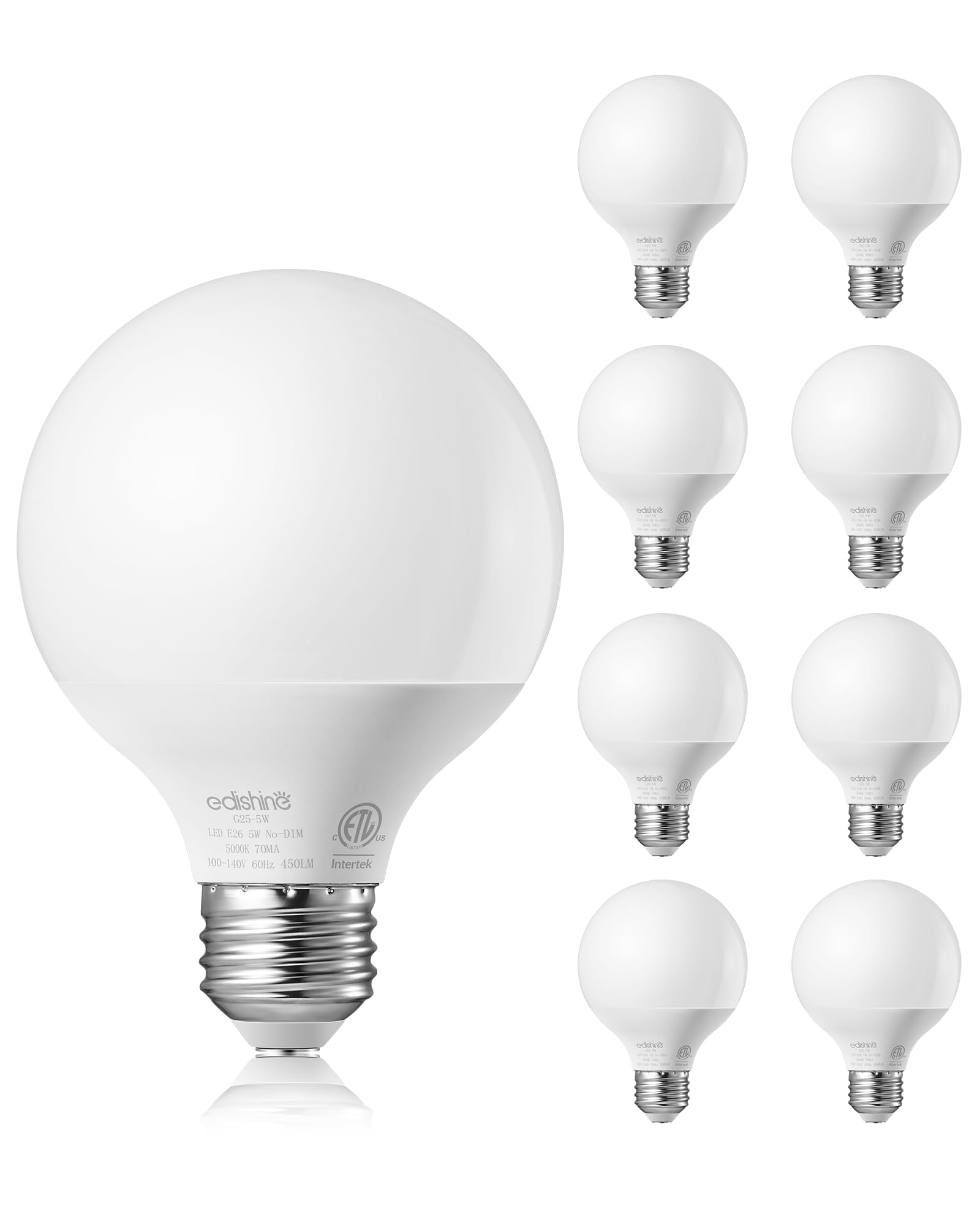 EDISHINE G25 LED Vanity Light Bulbs, 25W Equivalent, CRI90+, 5000K Daylight White, E26 Base, 8 Pack, Non-dimmable