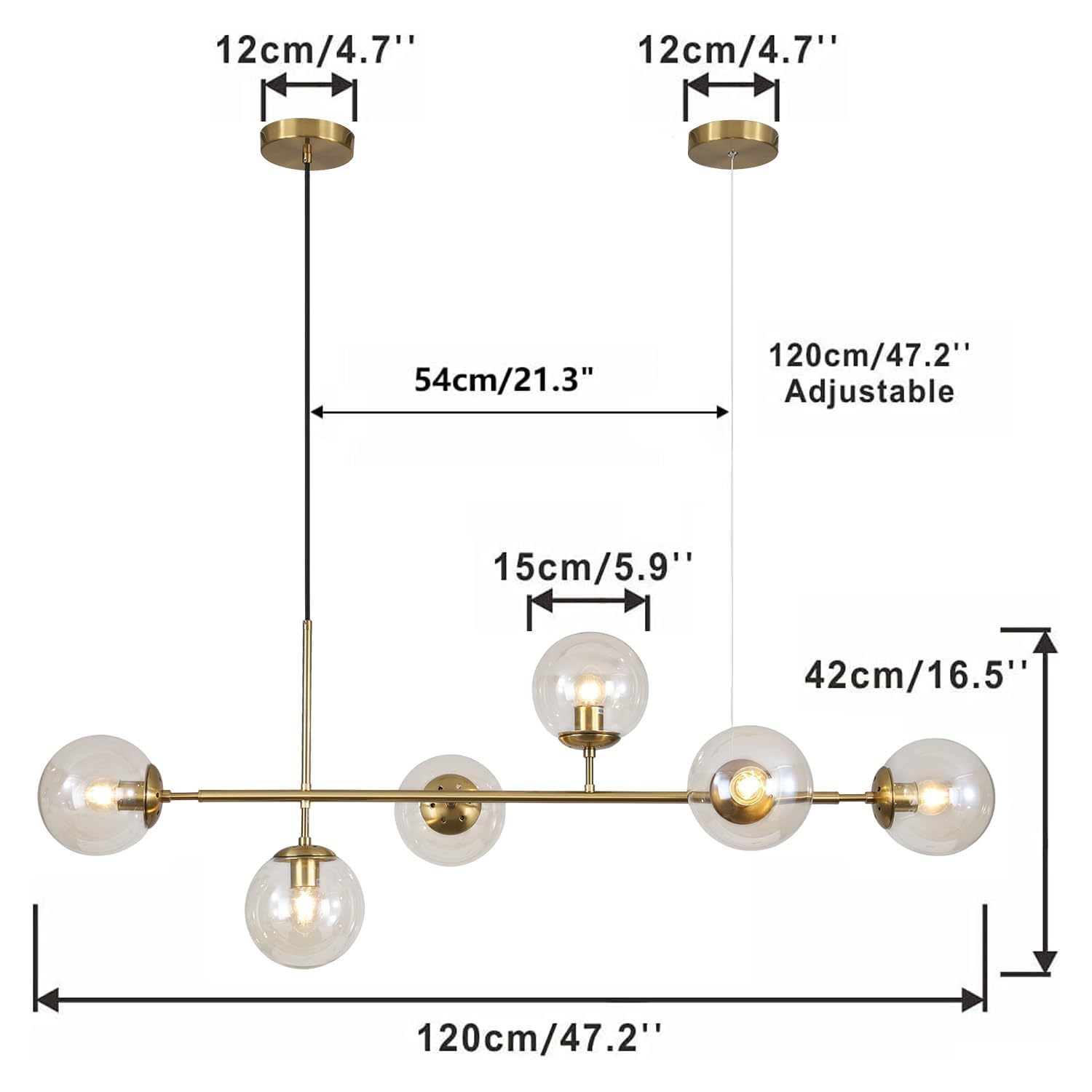 KCO Lighting 6 Light Globe Linear Chandelier Amber Glass Gold Metal L1039-GA