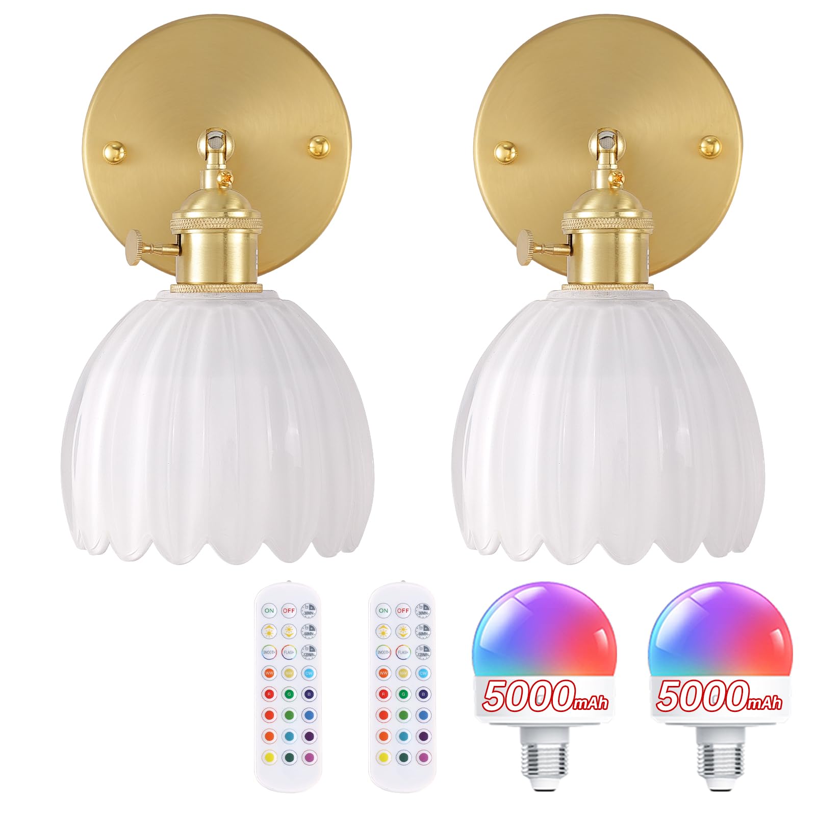 Shenmoyl Vintage Wall Sconce - Battery Operated, Remote Control, Glass, Tulip White, Set of 2