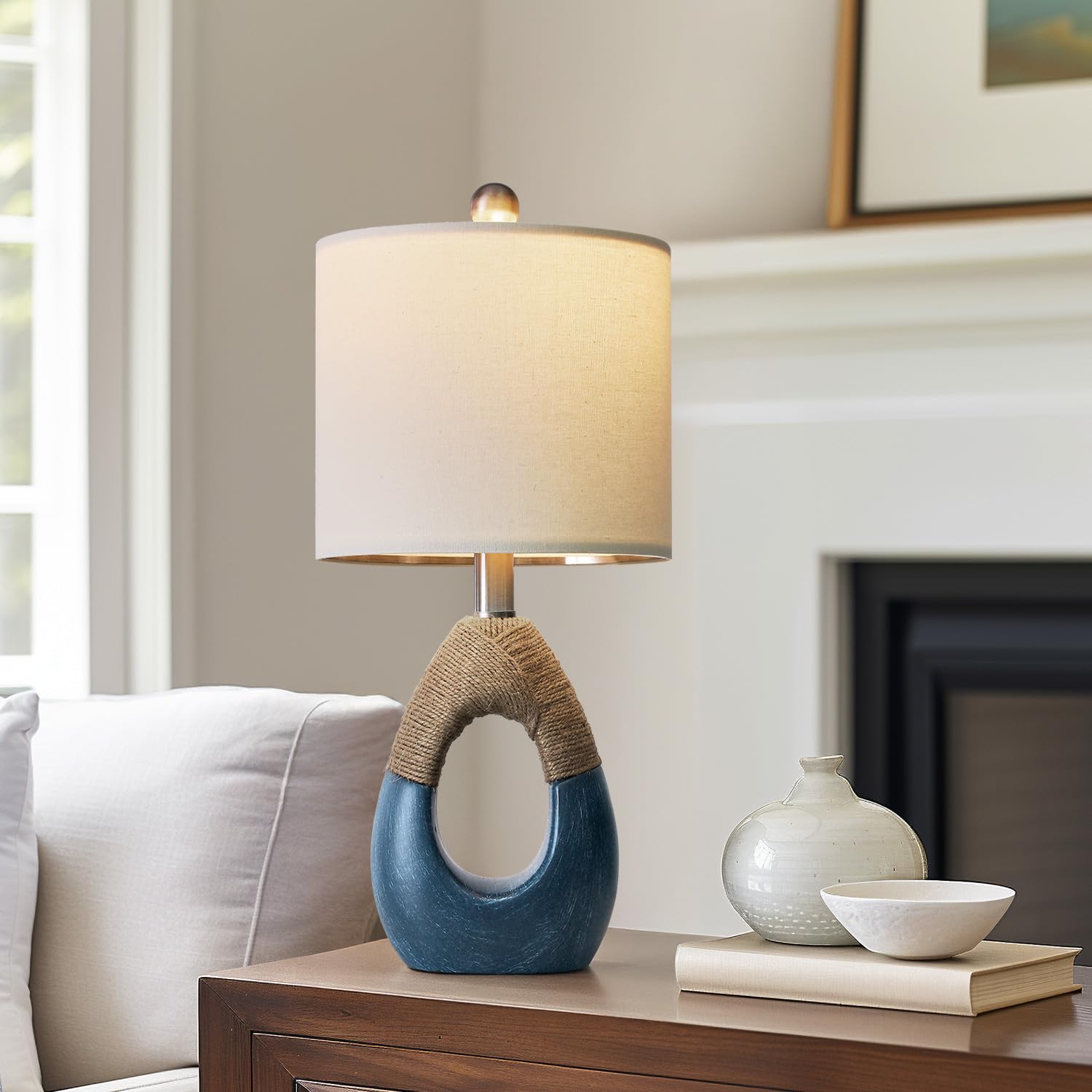 OYEARS 19" Boho Bedside Lamps Set of 2 - Blue Table Lamps for Small Spaces, Coastal Farmhouse Decor - Model AMZ-T1085BL