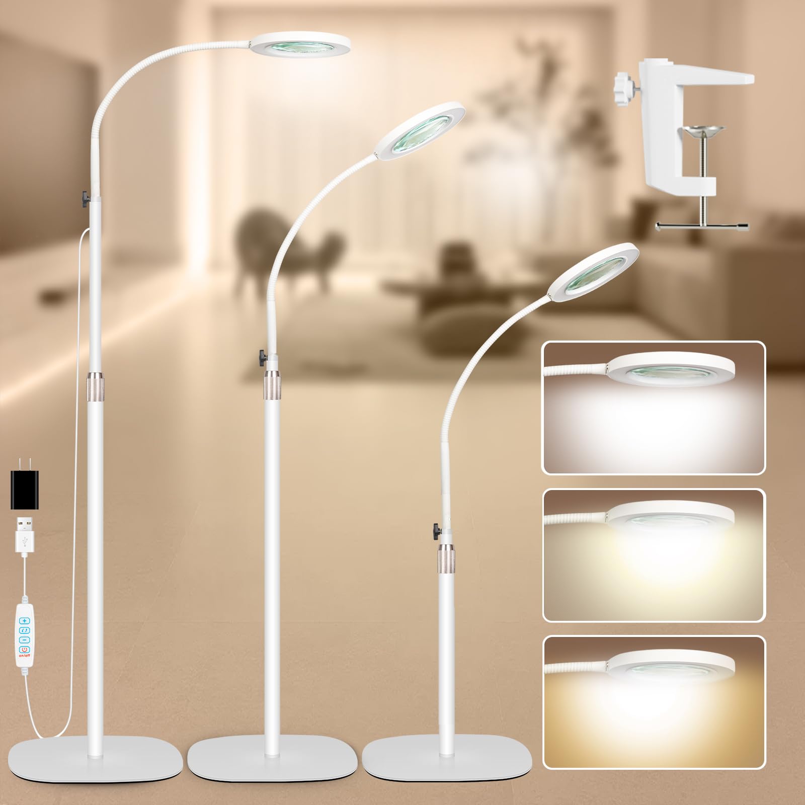 Hitti 10X Magnifying Glass With Light And Clamp, Hands Free Magnifying Floor Lamp With Flexible Gooseneck, 3 Color Stepless Dimm