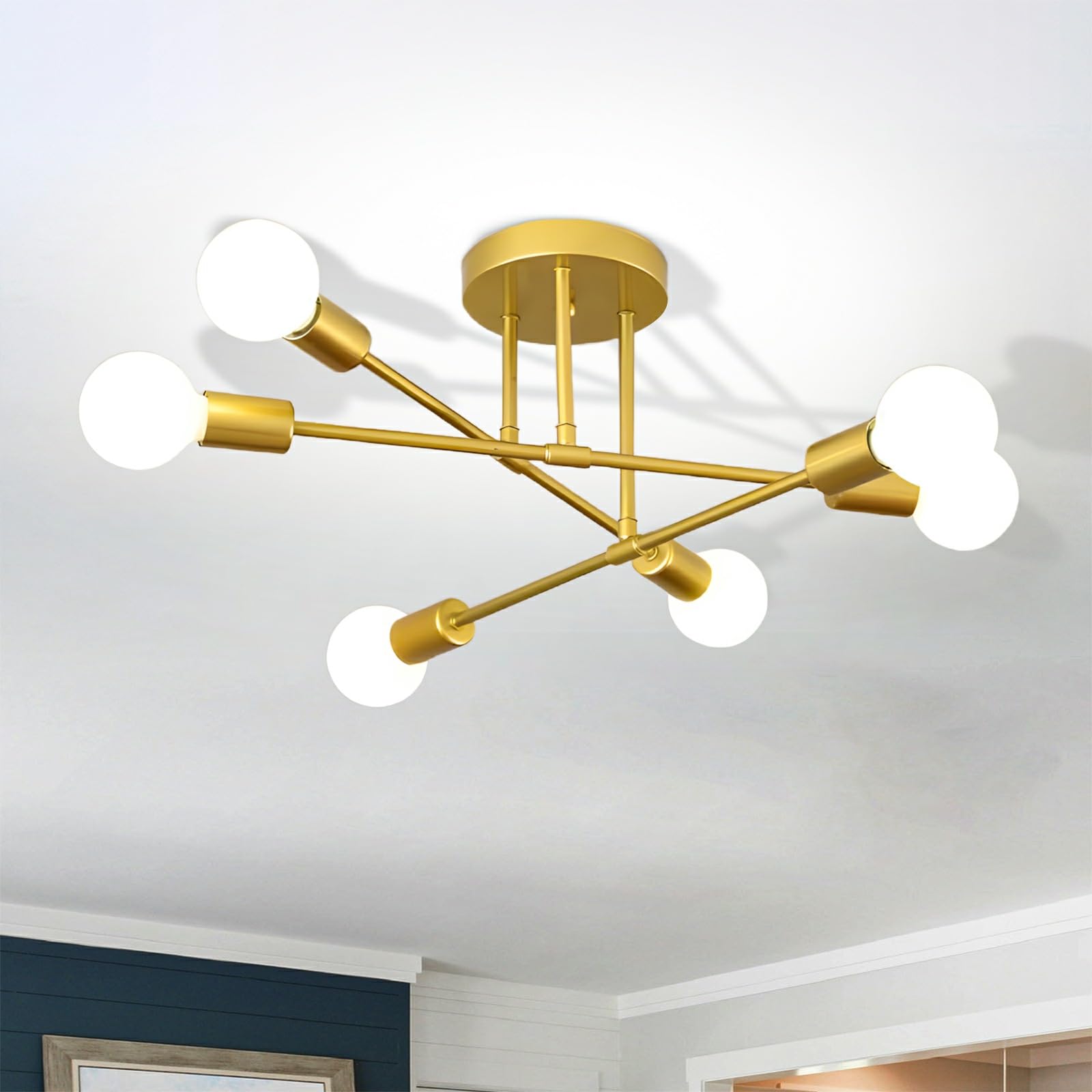 Spoli Modern Sputnik Chandelier, 6-Light Ceiling Light Fixture, Gold Industrial Pendant Light Semi Flush Mount For Living Room D