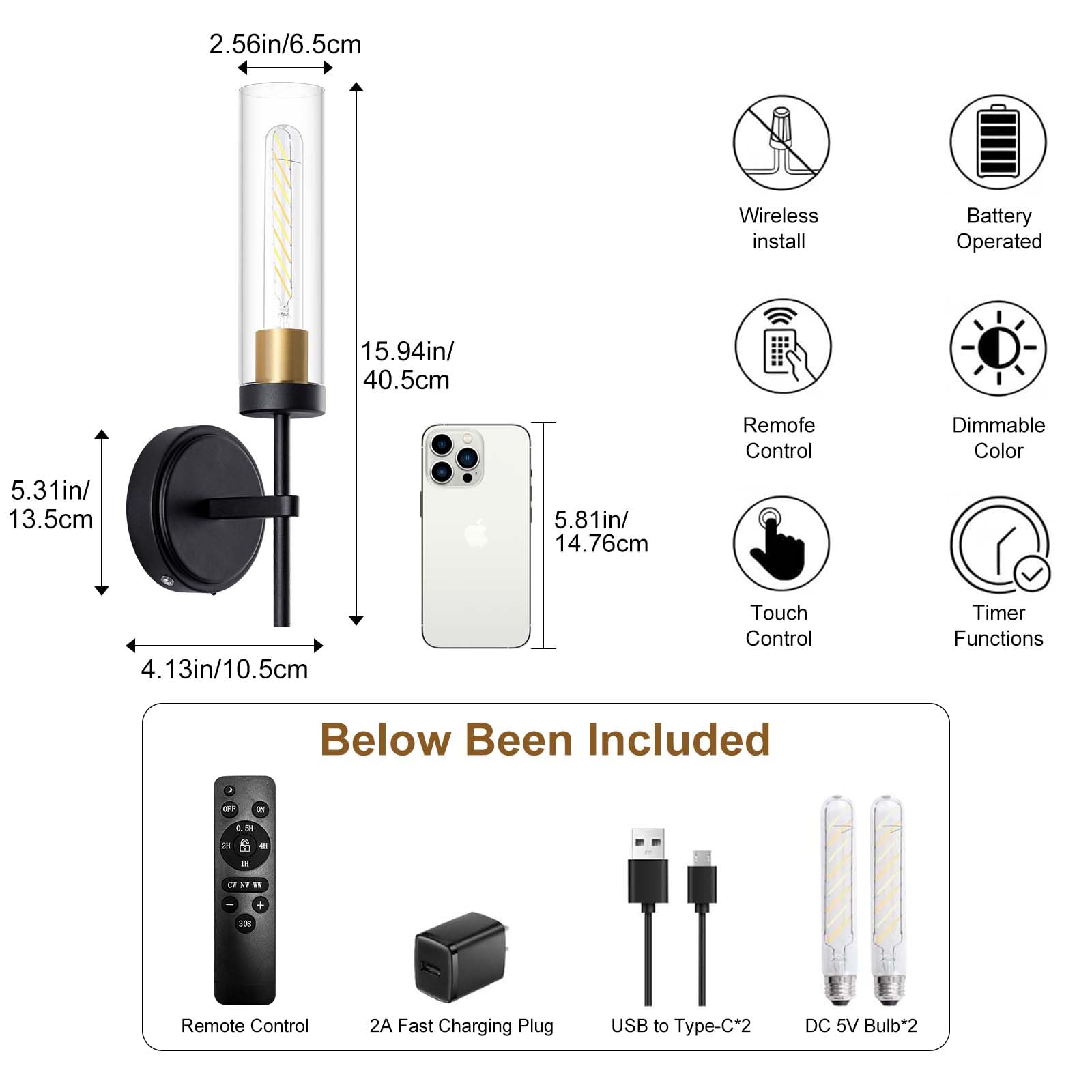 Loiogohot Wall Sconce, Battery Operated, 8000mAh, 100 Hours, Dual Color Temperature, Black&Gold, Model WL-BN1124-BKGD