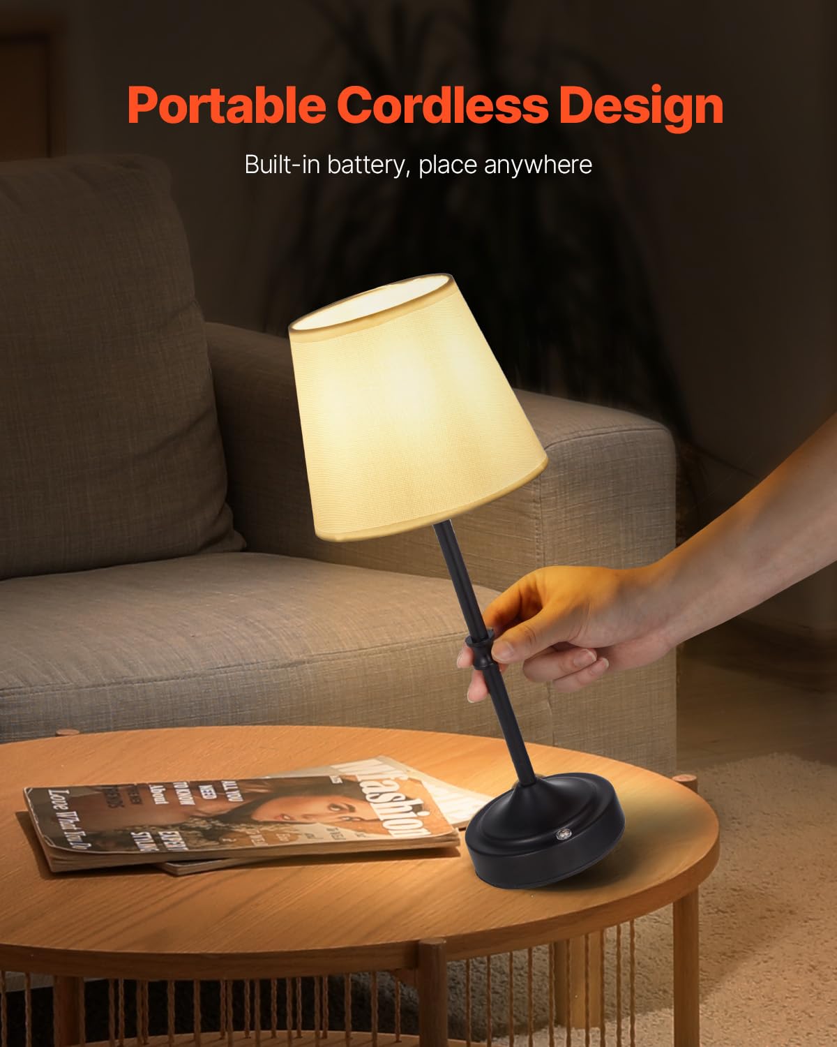 VEVOR Cordless Table Lamp, 2 Pack, 5200mAh Battery, 3-Level Brightness, Fabric Shade, Black, Model T50