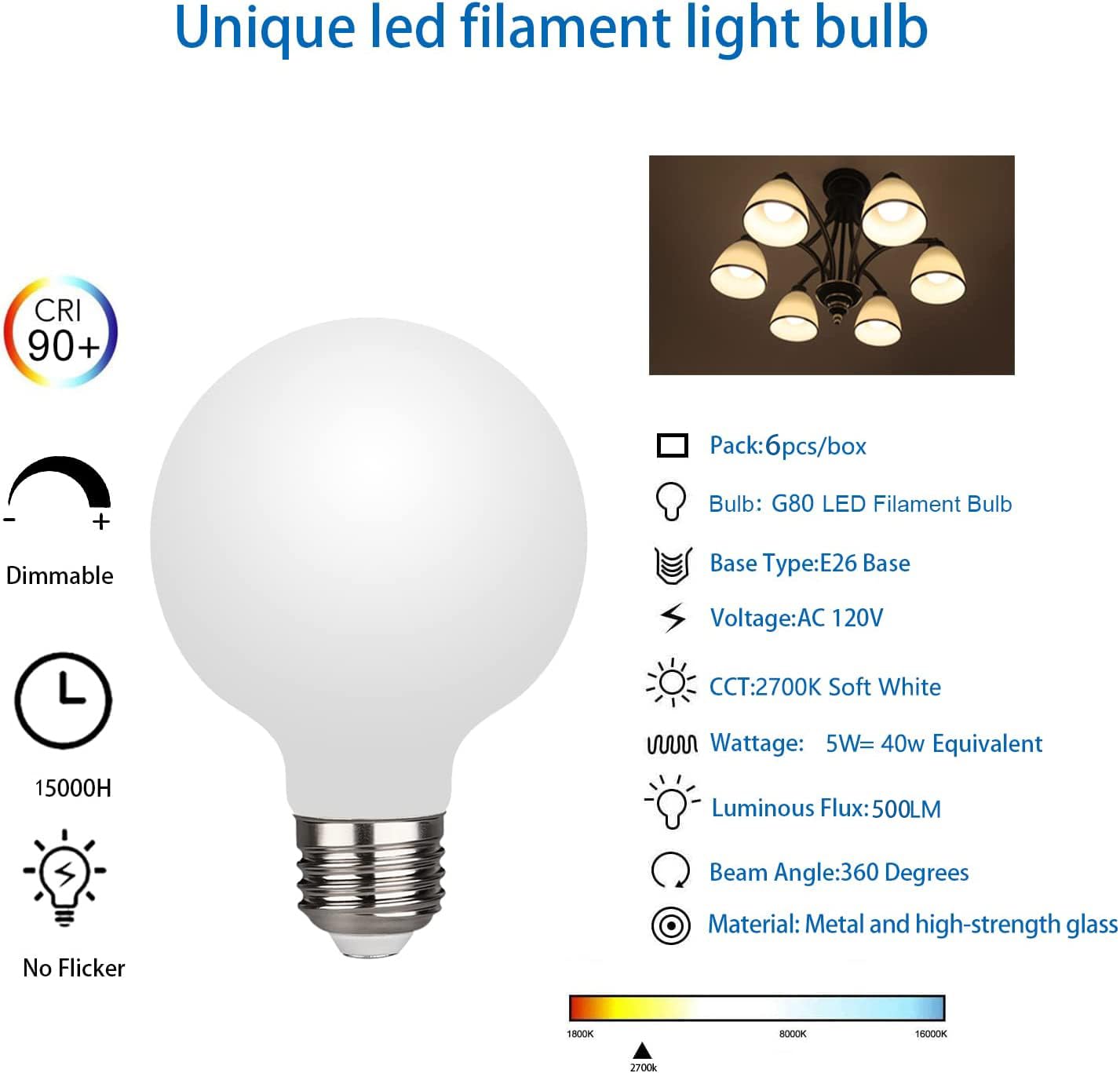 Kgc Led Edison Globe Light Bulbs, Warm White 2700K Cri 90, Led Filament Light Bulb, 5W Equivalent To 40W, G25(G80) Dimmable Led