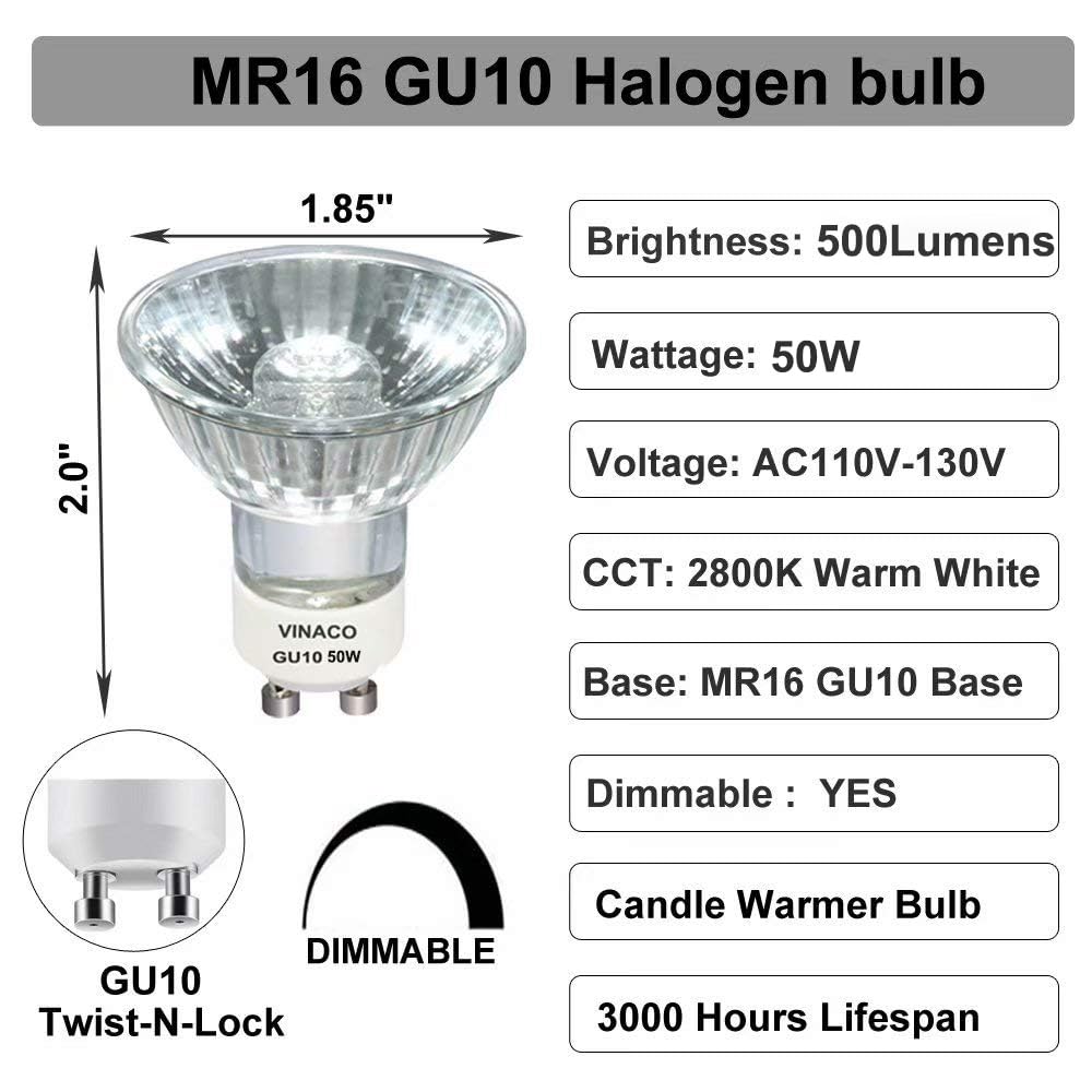 Vinaco GU10 Halogen Bulbs, 50W Dimmable, Warm White, Glass, 6 Count