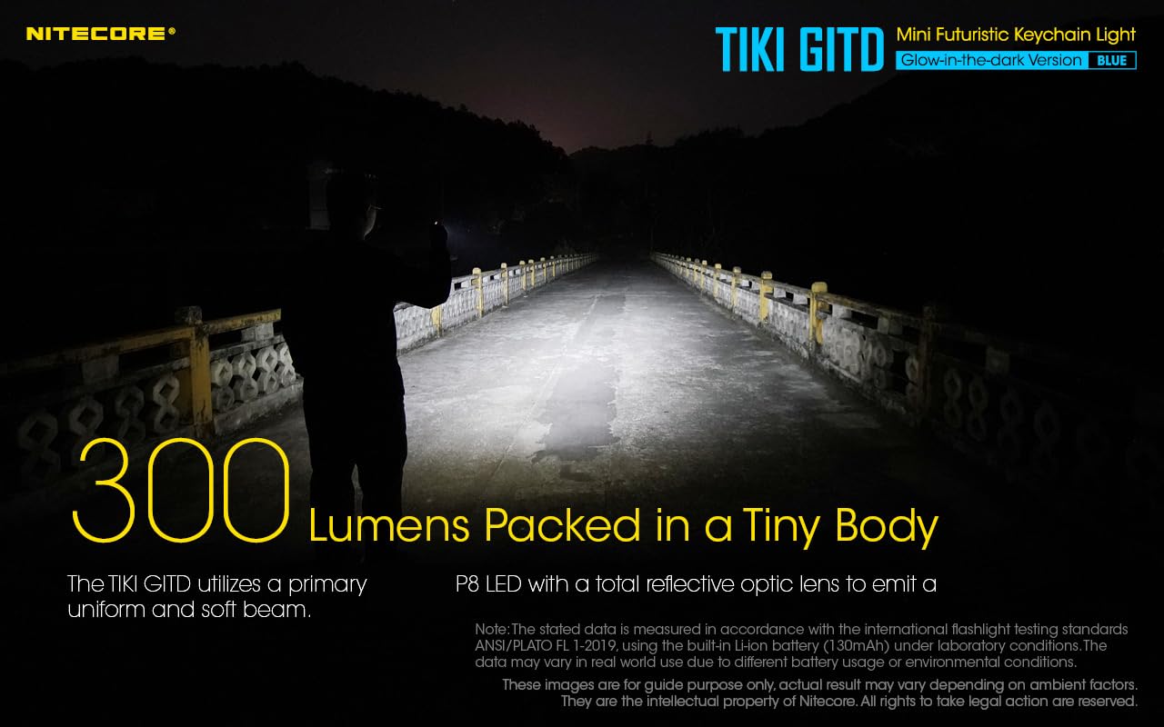 Nitecore Tiki GITD Blue Keychain Flashlight, 300 Lumen EDC, USB-C Rechargeable, Model TIKI-GITD-BL+UCORD