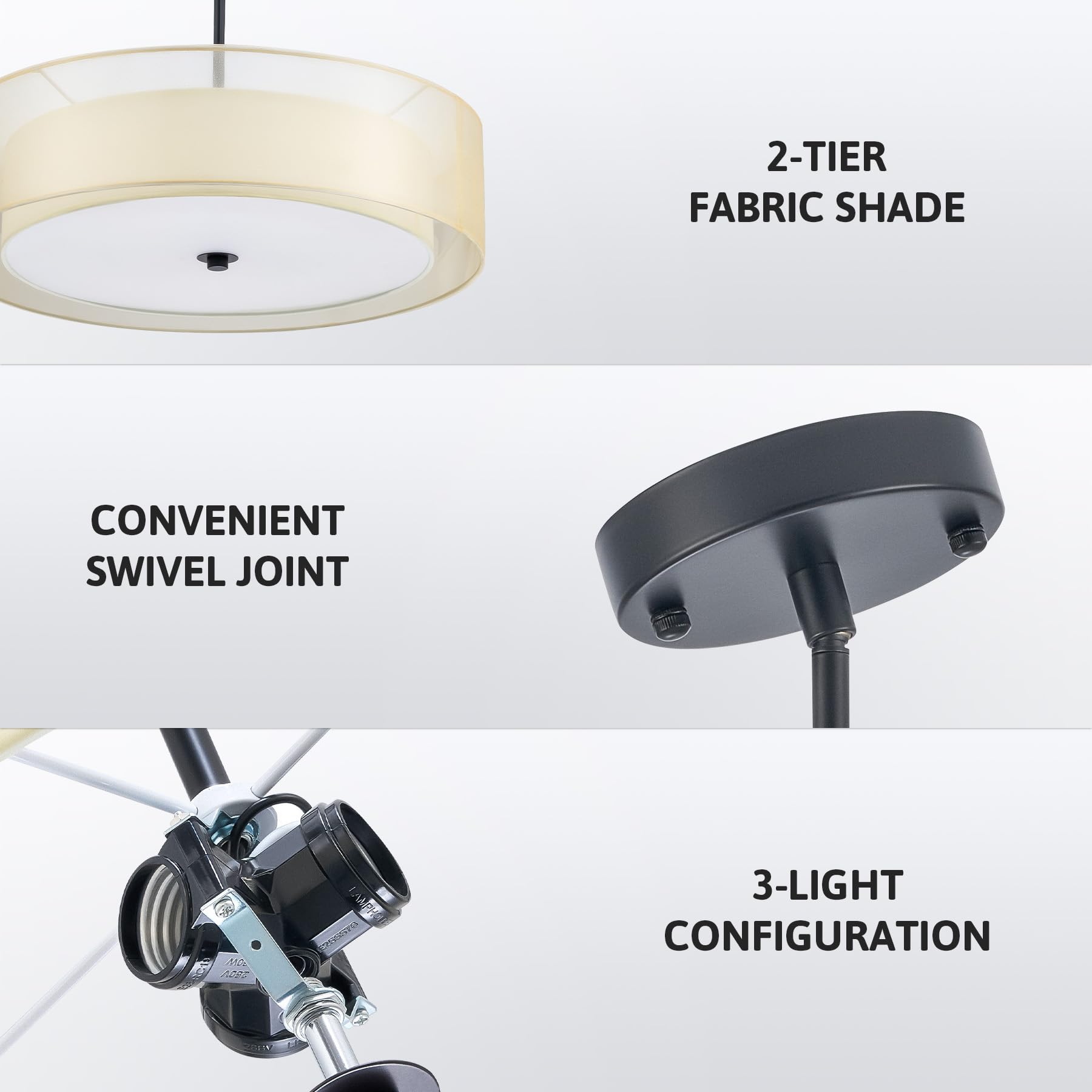 VONLUCE 3-Light Drum Chandelier, 20" Adjustable Pendant Light, Matte Black Fabric Shade, Model HCF1310BN