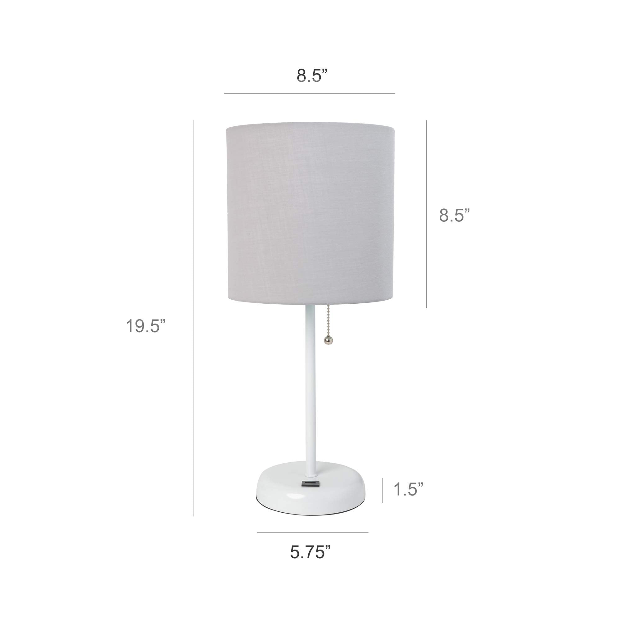 Simple Designs Lt2044-Gow White Stick Table Desk Lamp With Usb Charging Port And Drum Fabric Shade, Gray Shade