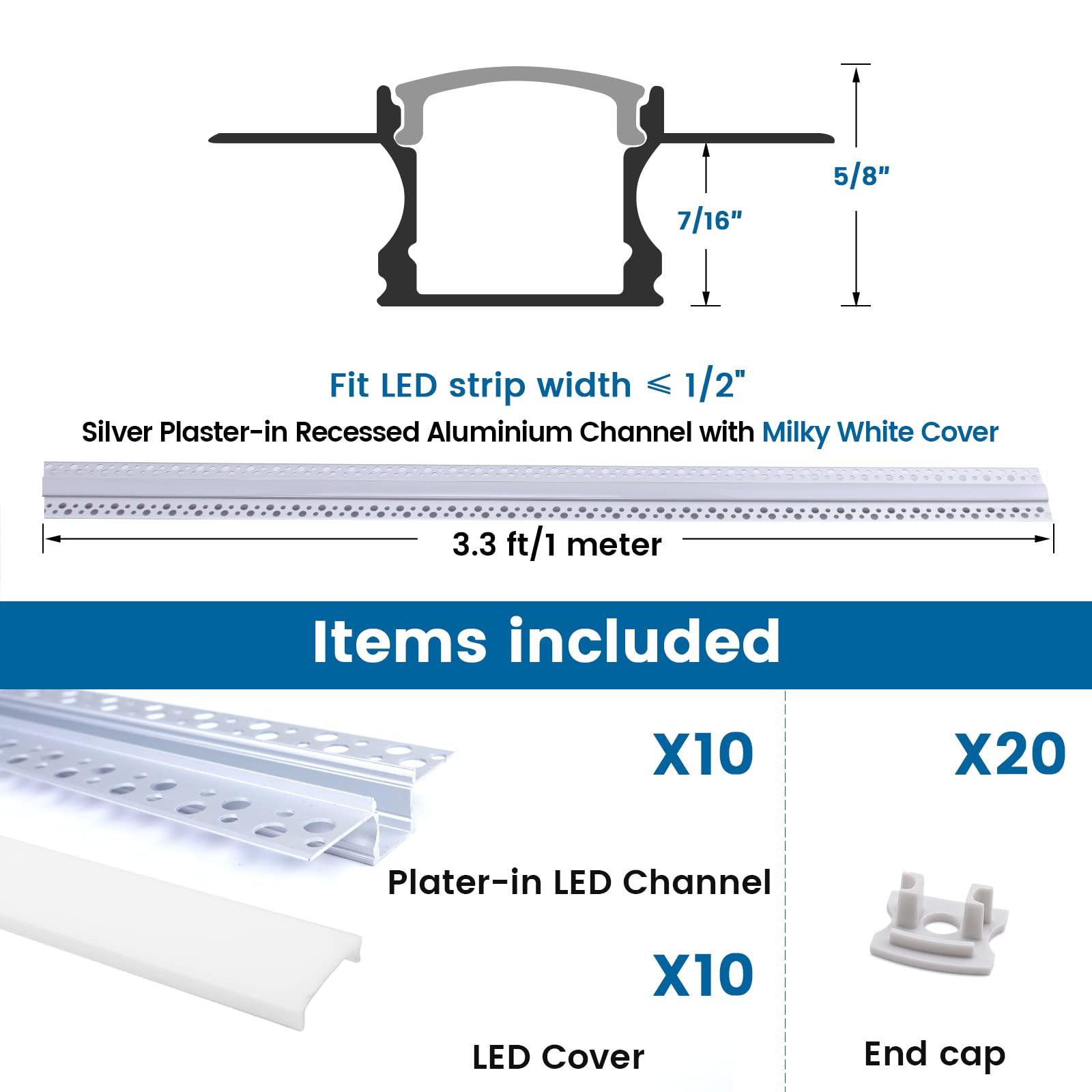 Muzata LED Strip Diffuser Channel, 10Pack, 3.3FT/1M, Aluminum, White, Model MZZ575