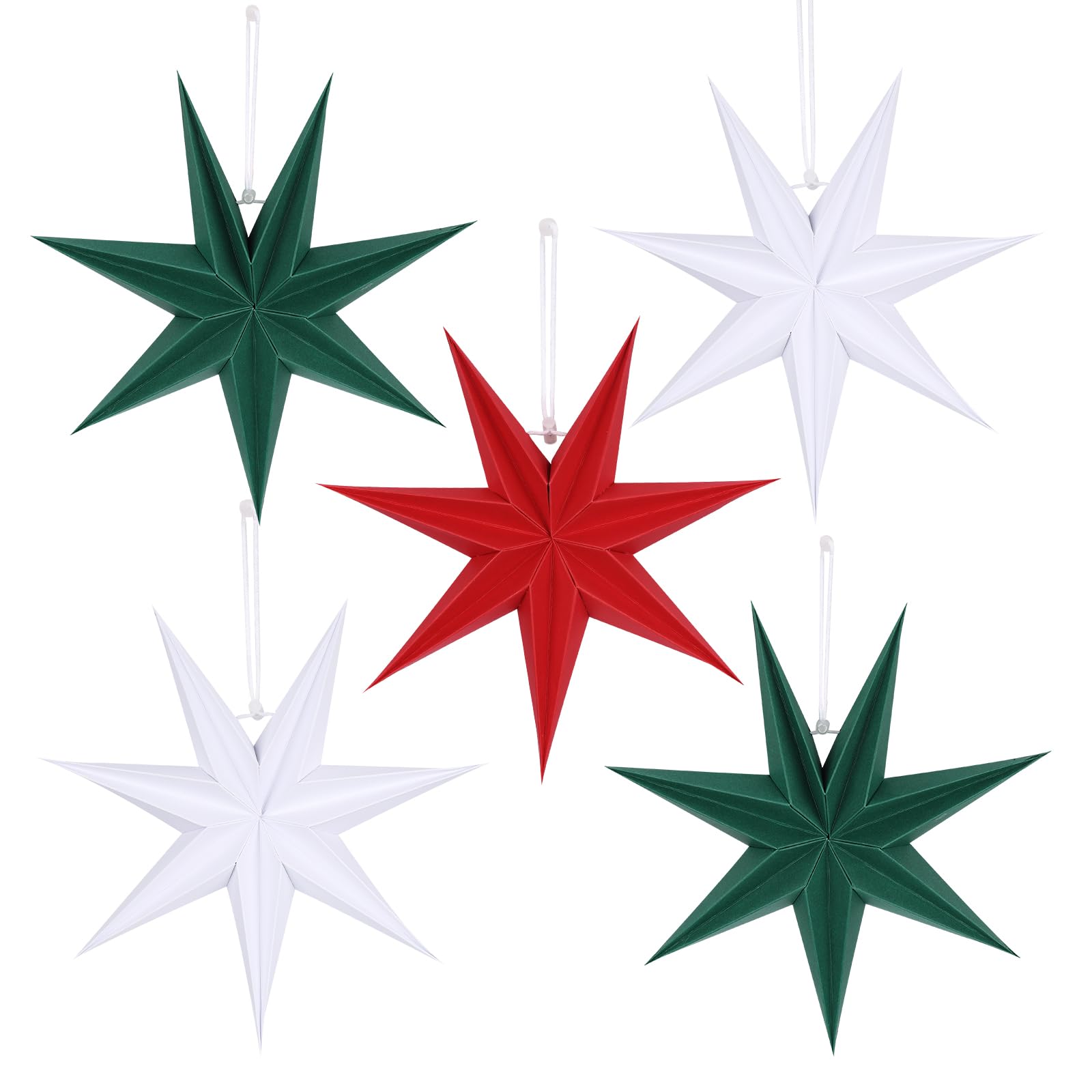 BestoFun 12 Inches 5 PCS Red Green White Paper Star Lanterns Hanging Stars Christmas Party Decorations Hanging Lampshade Christmas Wedding Birthday Christmas Home Party Decorations(7 Pointed)