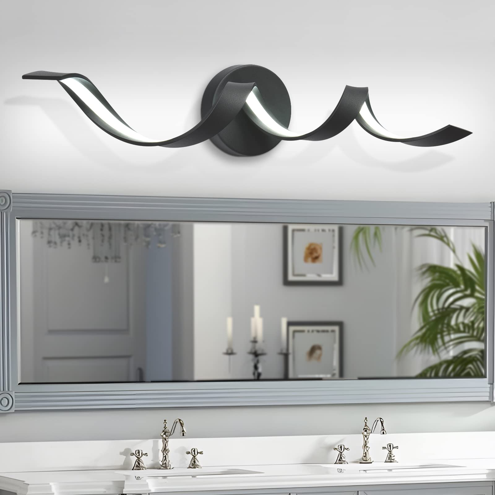 Huoku 24" Dimmable Black Led Bathroom Vanity Light Fixture, 15W Spiral Design, 6000K