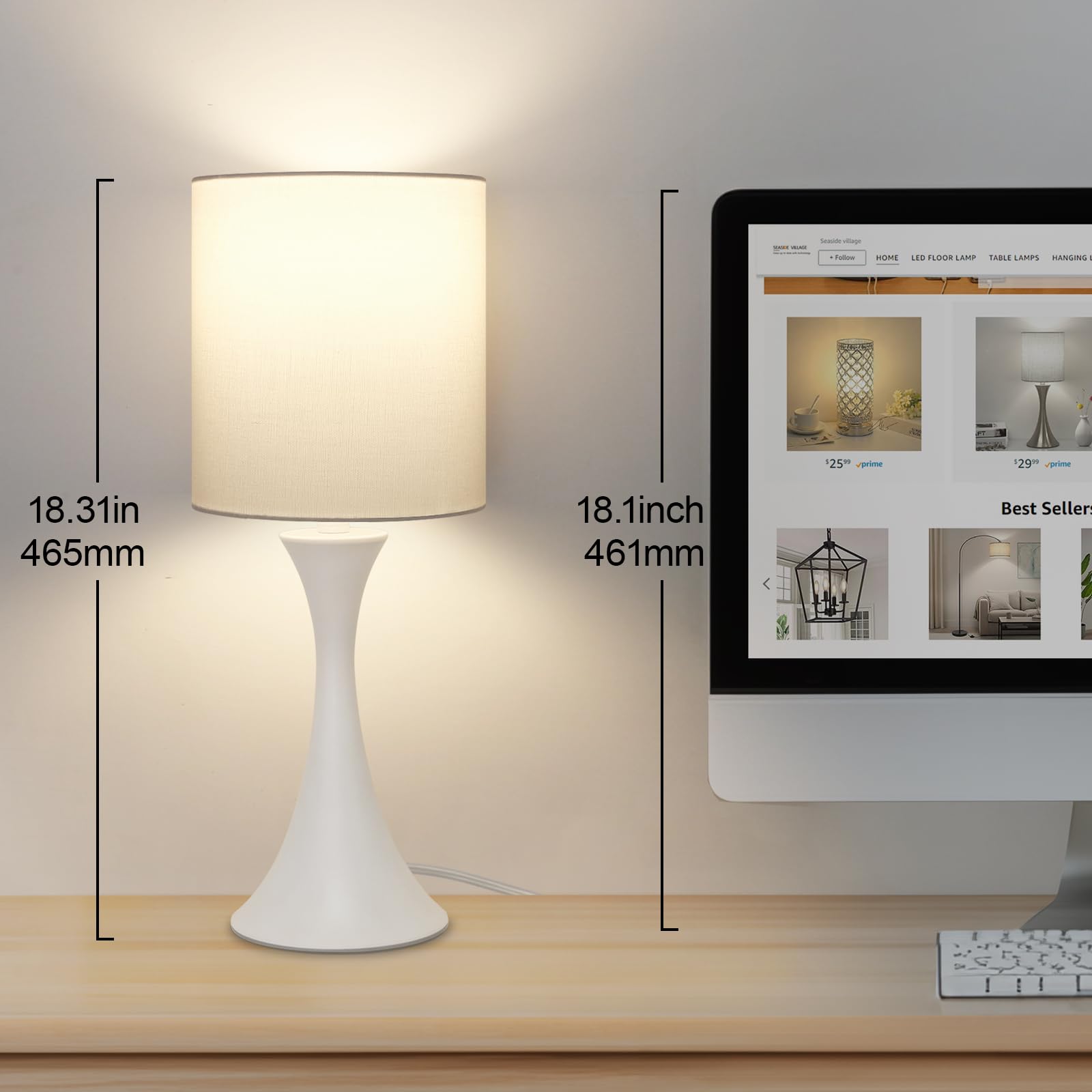 Modern Table Lamps, 3 Way Touch Control Table Lamp, Dimmable Desk Lamp, White Nightstand Lamp With Fabric Shade, Small Bedside L