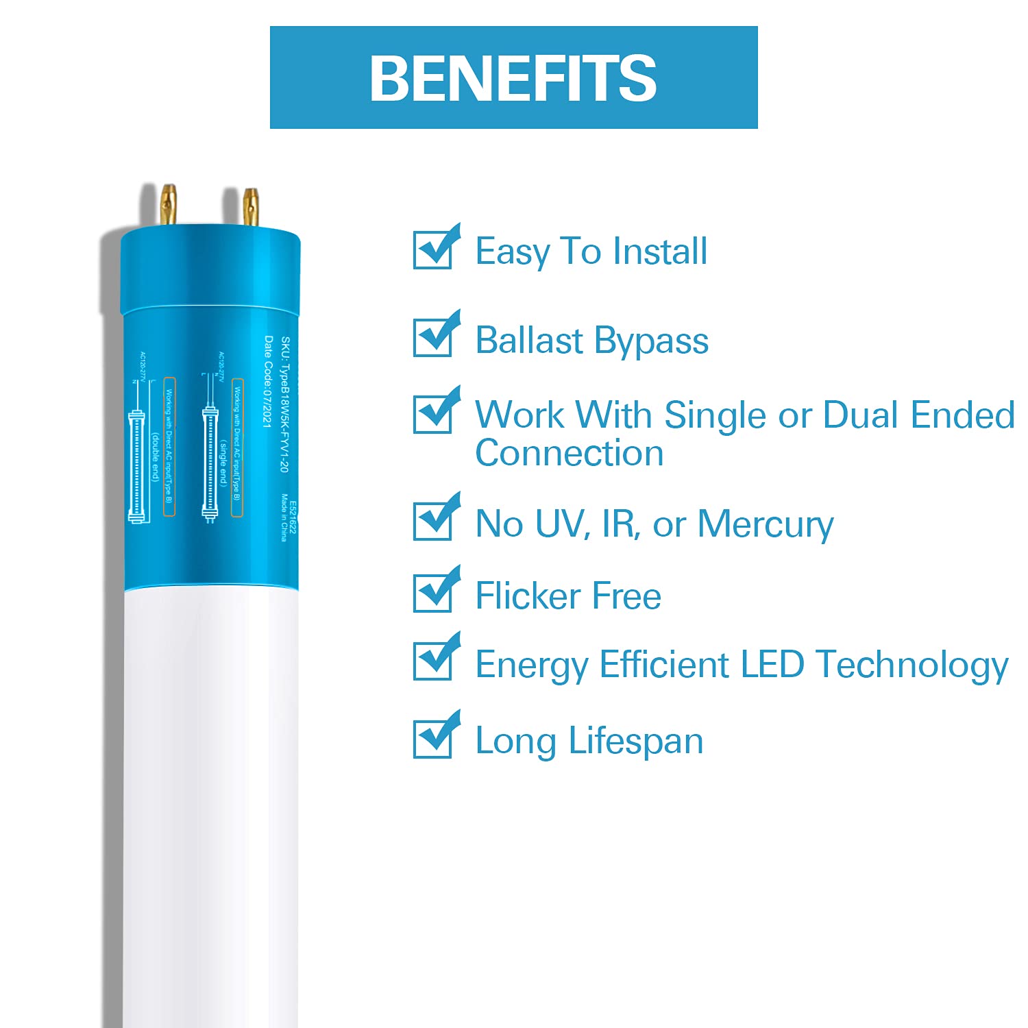 Hykolity 20 Pack 4Ft Led T8 Ballast Bypass Type B Light Tube, 18W, 2400Lm For Single-Ended & Dual-Ended Connection, 5000K, Frost