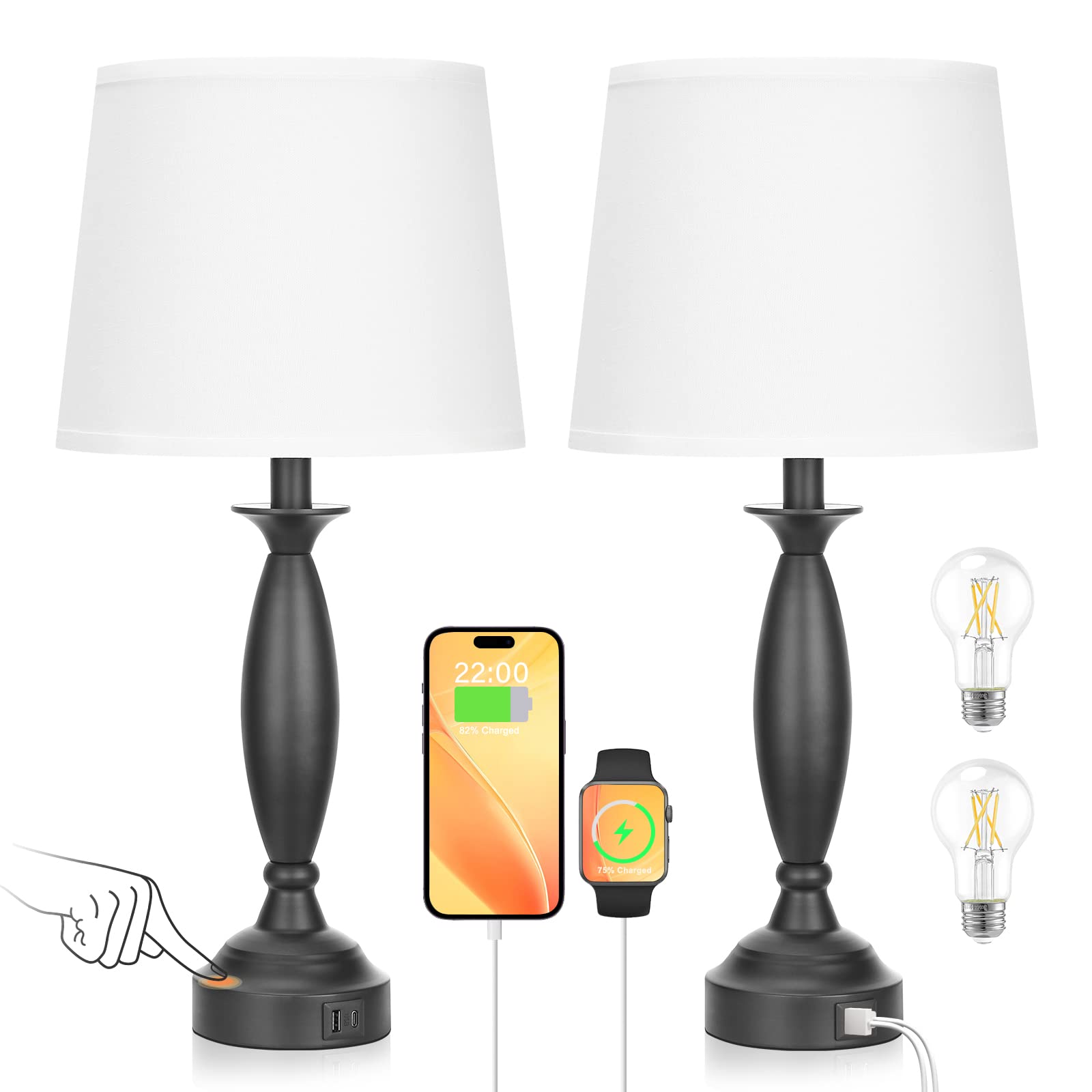 White Lamps for Bedrooms Set of 2 - Touch Control Bedside Lamp with USB C+A, 3 Way Dimmable Nightstand Lamps with USB Port, Tabl