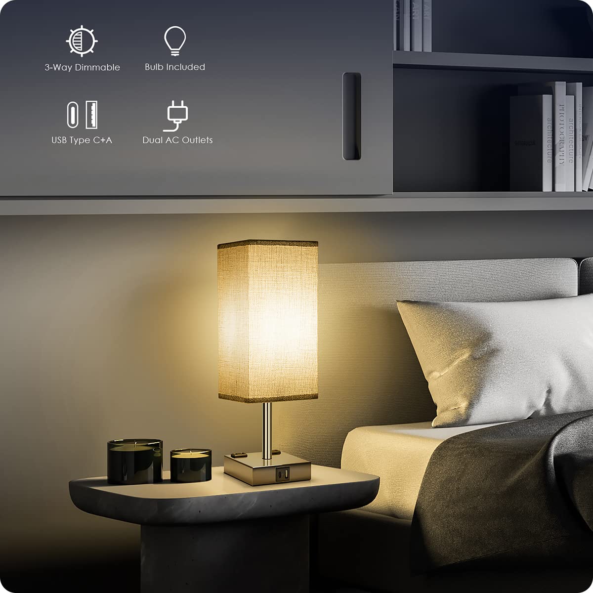 Bedside Lamp With Usb Ports - Touch Control Table Lamp For Bedroom With Usb C+A Charging Ports & Ac Outlets, 3 Way Dimmable Nigh