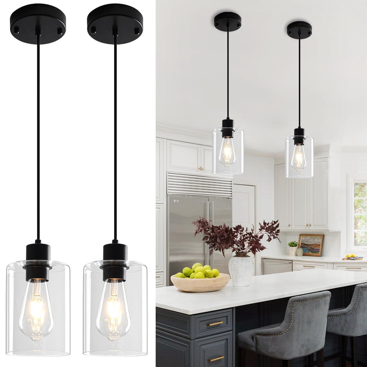 ZSMIHDOH Black Pendant Lights Kitchen Island 3 Pack  Modern Pendant Lighting Over Island Kitchen Hanging Light Fixtures Glass Pendant Lights for Hallway Entryway Bedroom Dining Room (2-Pack Black)