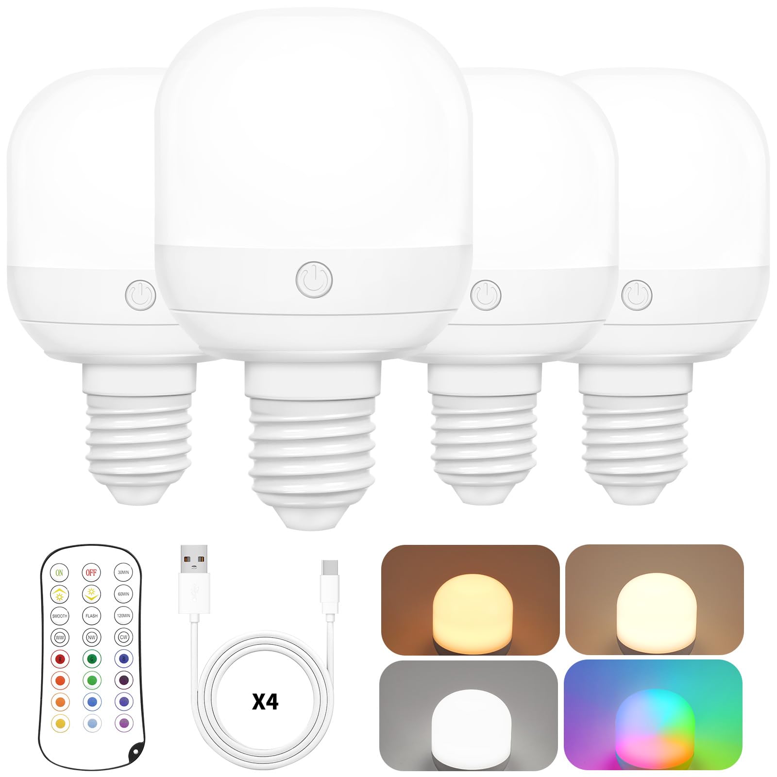 Yochoice Rechargeable Light Bulbs For Lamp With 15 Colors Selectable & 3 Timer, Dimmable Battery Light Bulb With Remote Control,