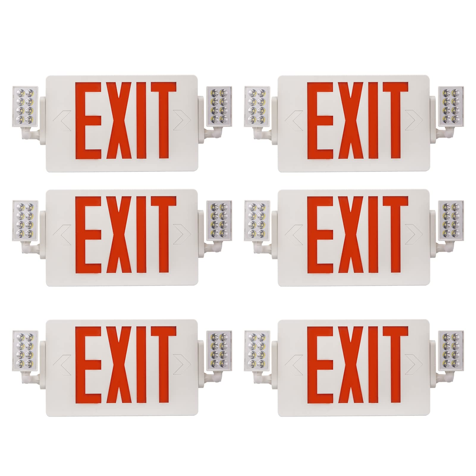 EXITLUX 6 Packs Led Red Exit Signwith Emergency Light Combo with Battery Backup-Two Adjustable Head Emergency Exit Lights/ABS Fi