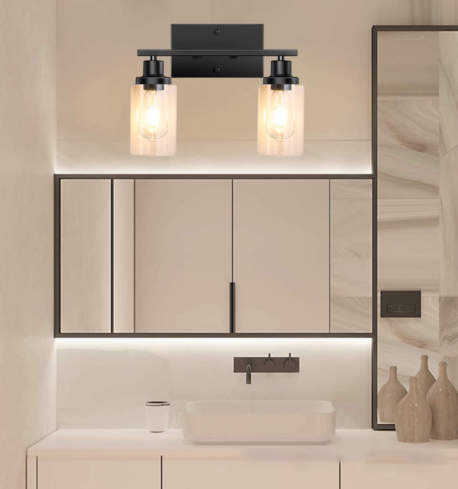 Black Bathroom Light Fixtures, 2-Light Vanity Lights, Modern Bathroom Vanity Light With Clear Glass Shade, Wall Lamp With Metal Frame, Vanity Lights For Bathroom Mirror Bedroom Hallway E26 Base