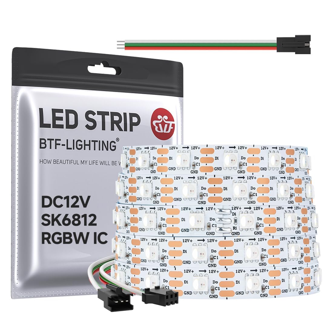 Btf-Lighting Sk6812(Similar Ws2812B) Rgbw Rgb+Cool White(6000K) Individually Addressable Dc12V 16.4Ft 60Led/Pixels/M 4 Colors In 1 Light Dream Color Led Strip Ip30 White Pcb(No Adapter Or Controller)