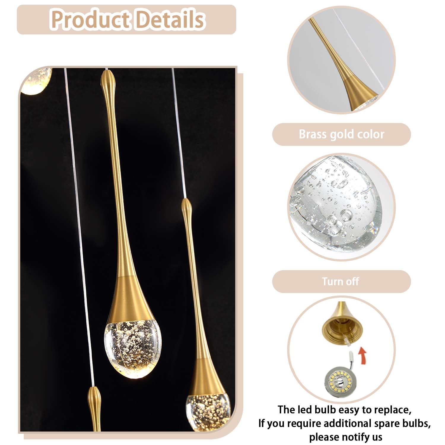 Ykolupty 120'' Long Spiral Crystal Chandeliers 16-Lights Gold Bubble Raindrop Crystal Pendant Chandelier Staircase Slanted Ceiling Loft Fixtures Led Dimmable 2700-6000K