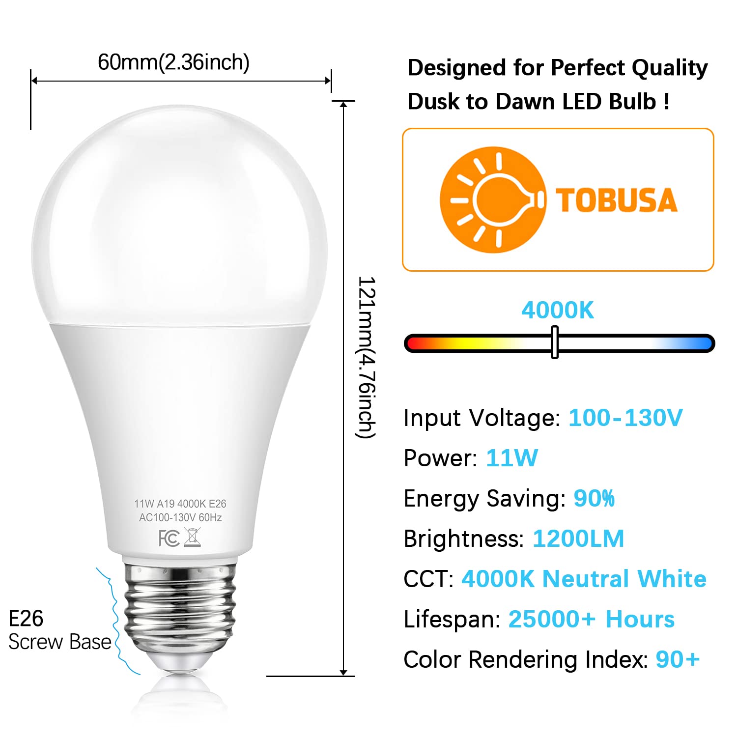 Tobusa Dusk To Dawn Sensor Light Bulb Outdoor, A19 Led Bulbs Auto On Off 100 Watt Equivalent, E26 Sensor Bulbs Neutral White 400