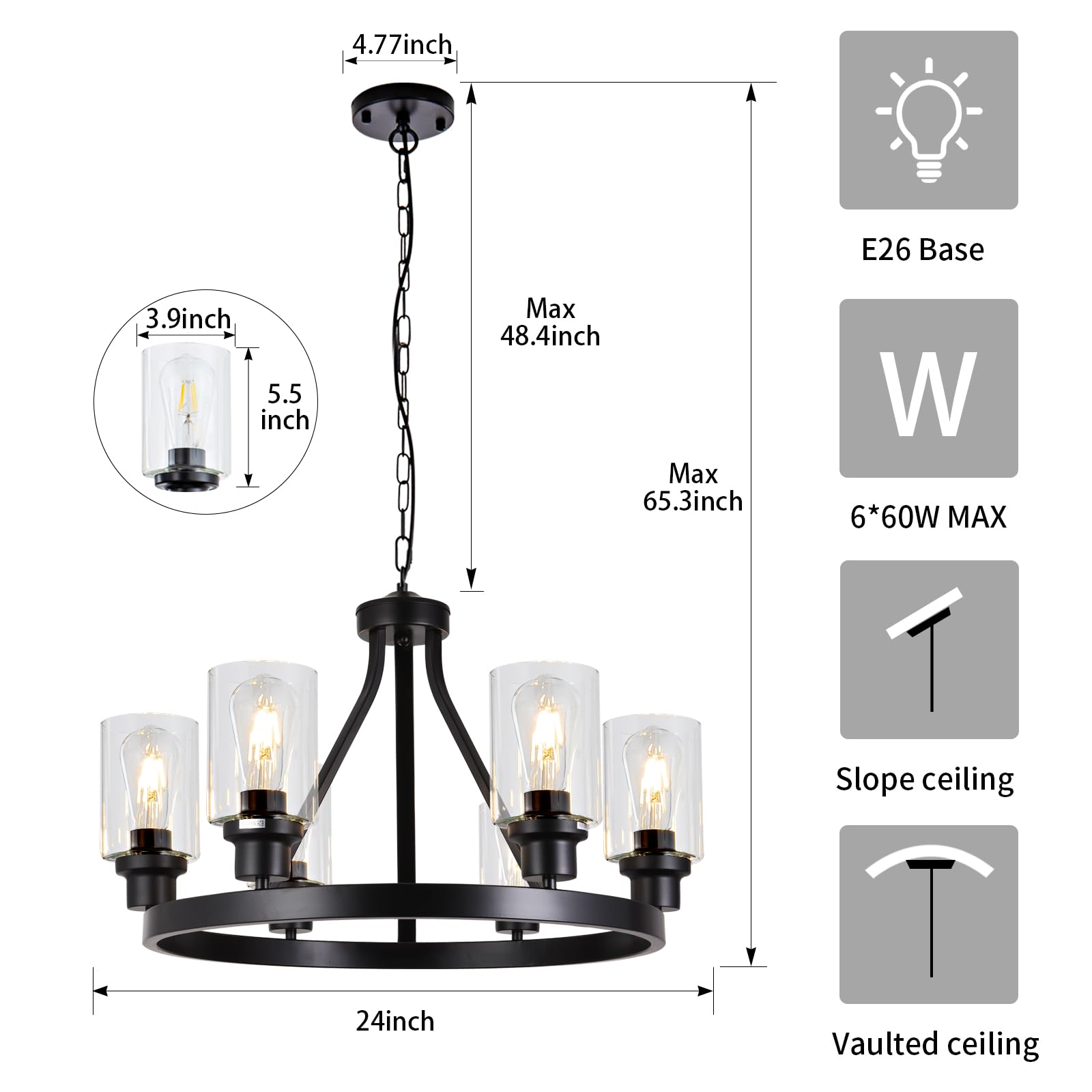 Lanhall 6-Light Farmhouse Chandelier, Black Metal, Adjustable Height, Glass Accents, Modern Rustic Lighting for Dining Room and Kitchen Island