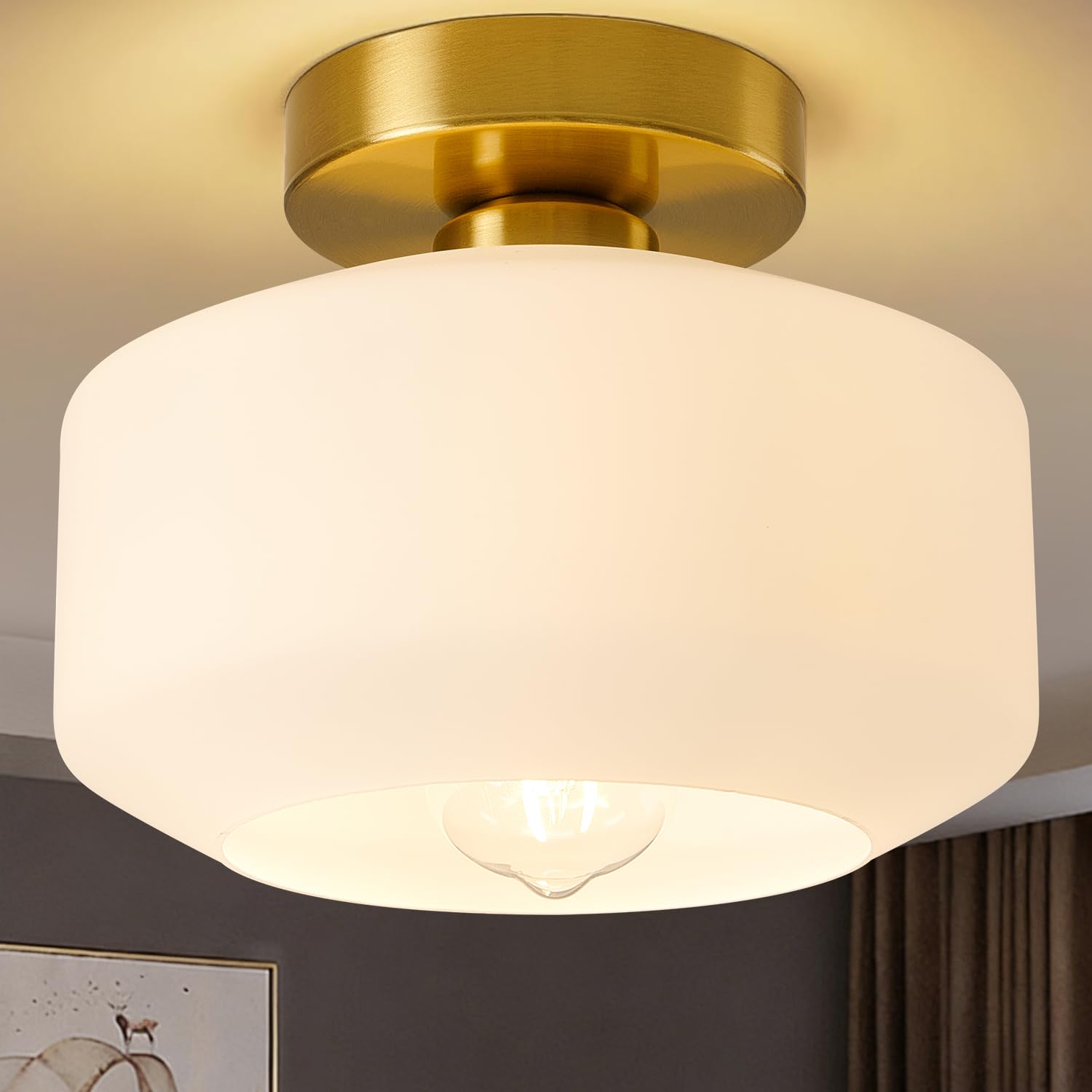 Lynnoland Industrial Semi Flush Mount Ceiling Light Brushed Gold  Milky White Glass Shade Ceiling Light Fixture Brushed Gold Light Fixture for Hallway Bathroom Bedroom  Vintage Hanging Light Fixtures