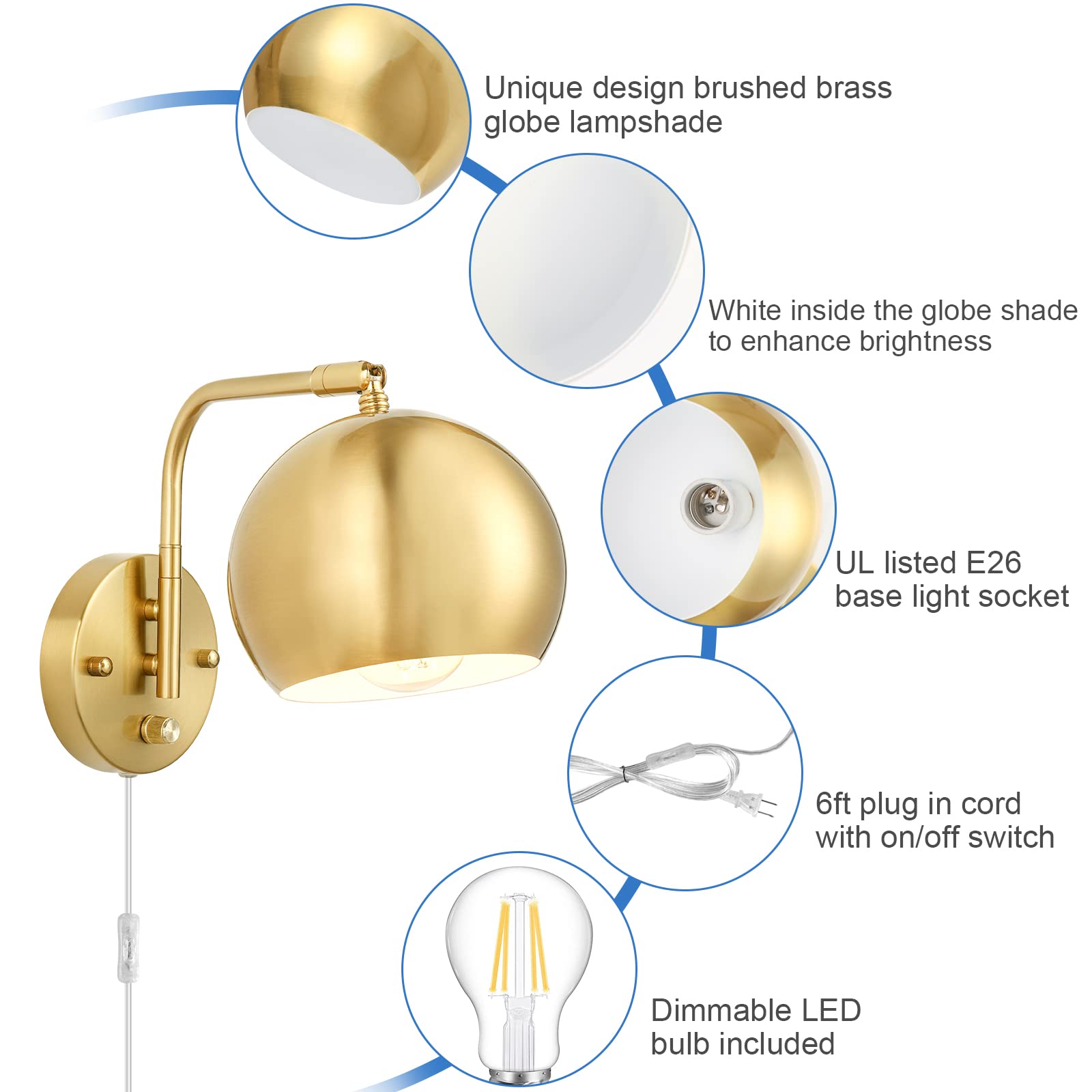 Vatoni Wall Sconces Plug In, Dimmable Wall Sconce Swing Arm Wall Lights With Plug In Cord And Dimmer On/Off Knob Switch, Brushed