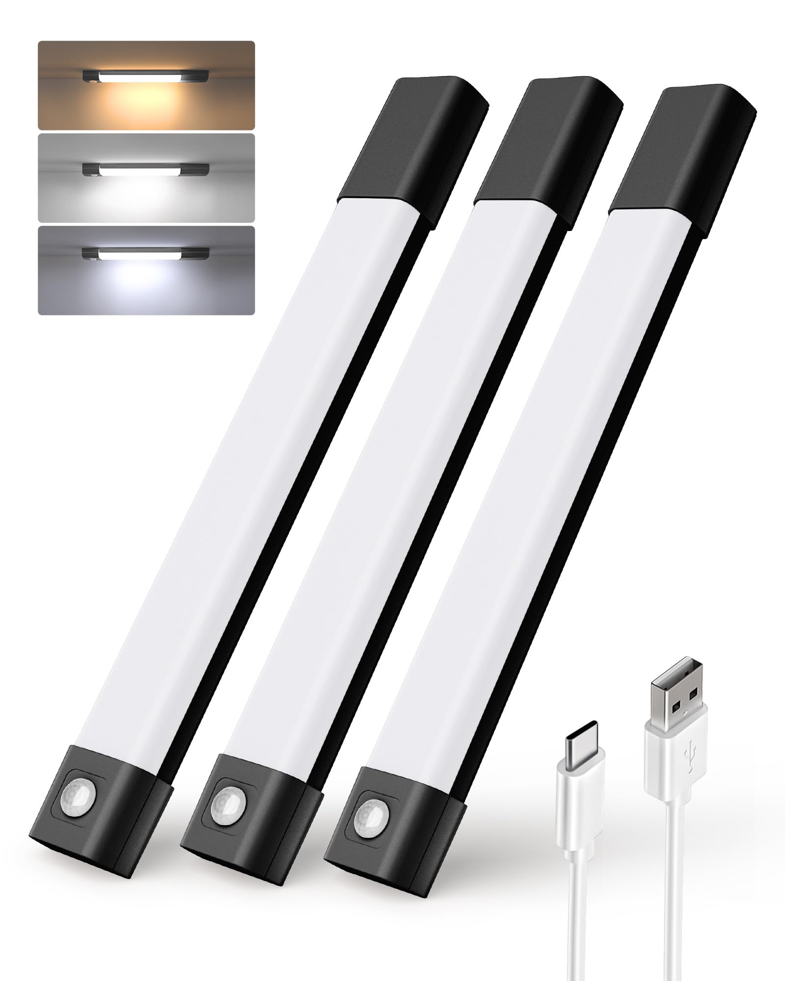EZVALO Under Cabinet Lighting, 50 LED Rechargeable Under Cabinet Lights Wireless, 3 Color Temps 11.8in Motion Sensor Light Indoor, Dimmer Closet Lights for Kitchen, Cabinet, Bedroom (3 Pcs, Black)
