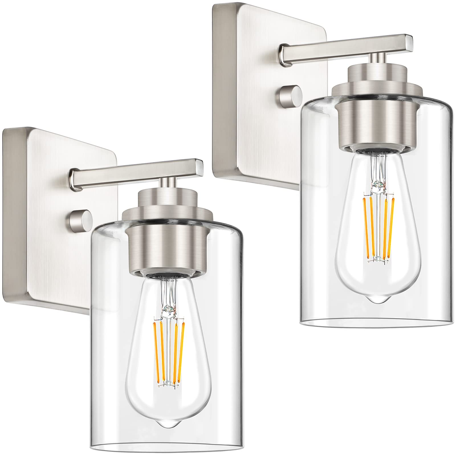 Set Of 2 Wall Sconces For Bathroom, Brushed Nickel Vanity Light Fixtures, Modern Wall Mount Lighting Lanterns, Farmhouse Wall La