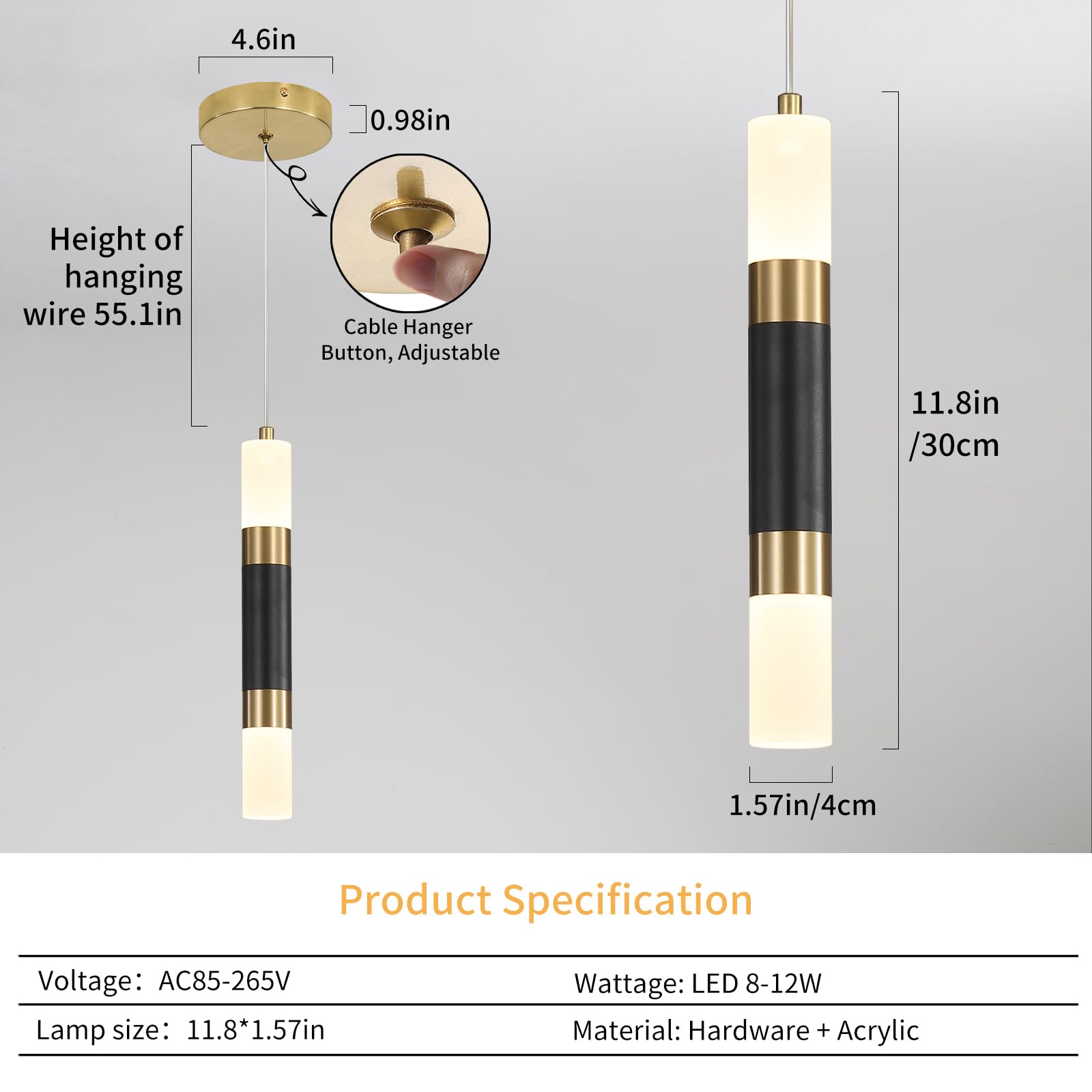 Daoseolo Modern Kitchen Island Pendant Light - Black Gold LED, 3 Color Options, Mini Linear Acrylic, 1 Pack, Model TC-HJSTDD-1pcs
