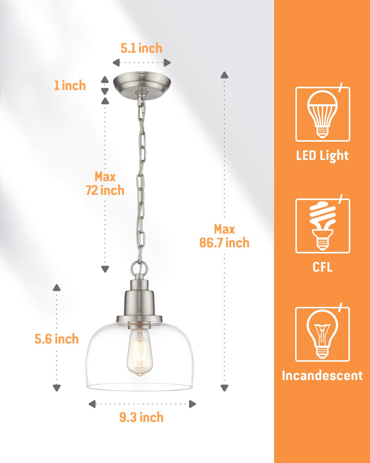 Eapudun Modern Farmhouse Pendant Light, 1-Light Brushed Nickel With Clear Glass Shade