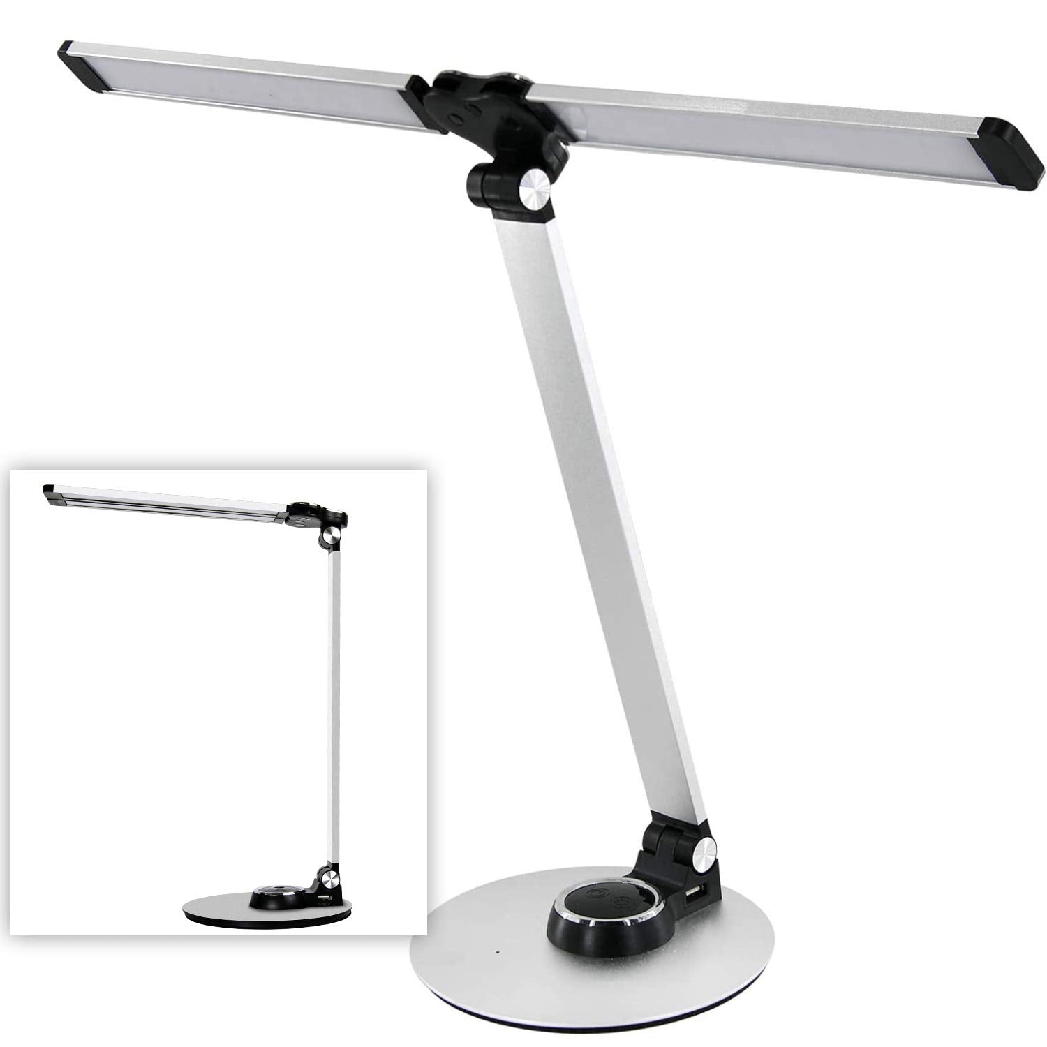 NUNET LED Desk Lamp, Rotatable Aluminum with USB Charging, Eye-Caring Light, 3 Modes, Model NULED-MSL2, Silver