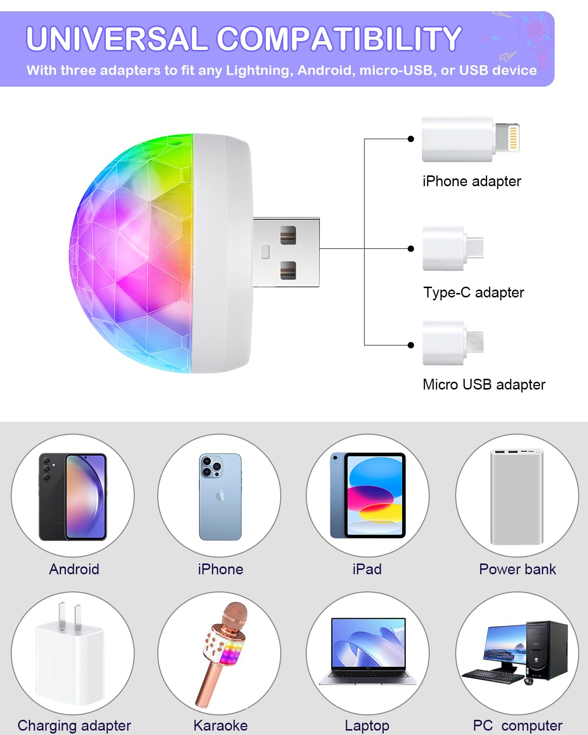 Luditek USB Mini Disco Ball Light, Sound Activated, 4 Packs, White, Plastic, Model GT160, Party Decoration for Kids and mature-themeds