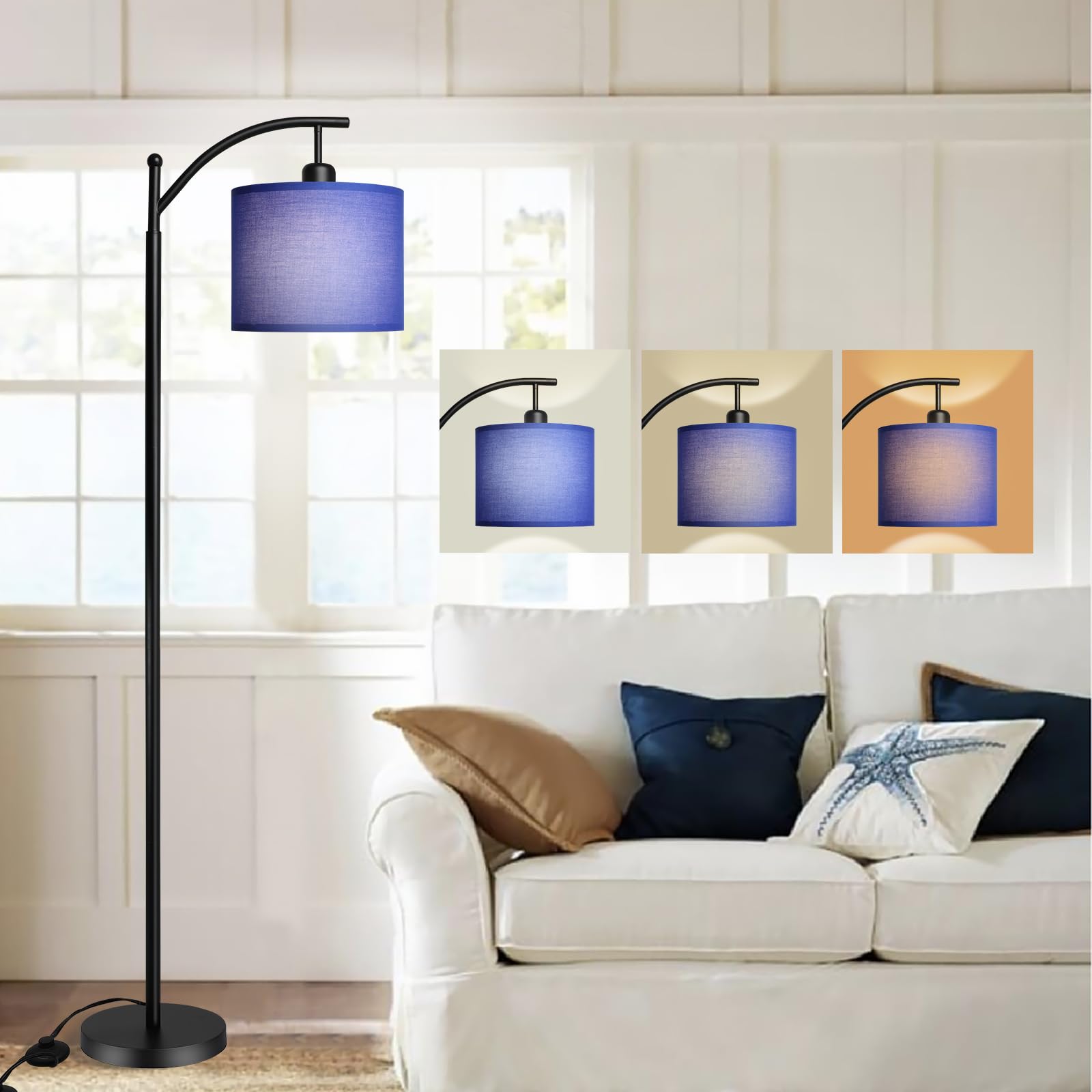 Dllt Arc Floor Lamp With 3 Color Temperatures, Standing Lamp With Linen Shade, Modern Tall Lamp For Living Room, Reading Floor L
