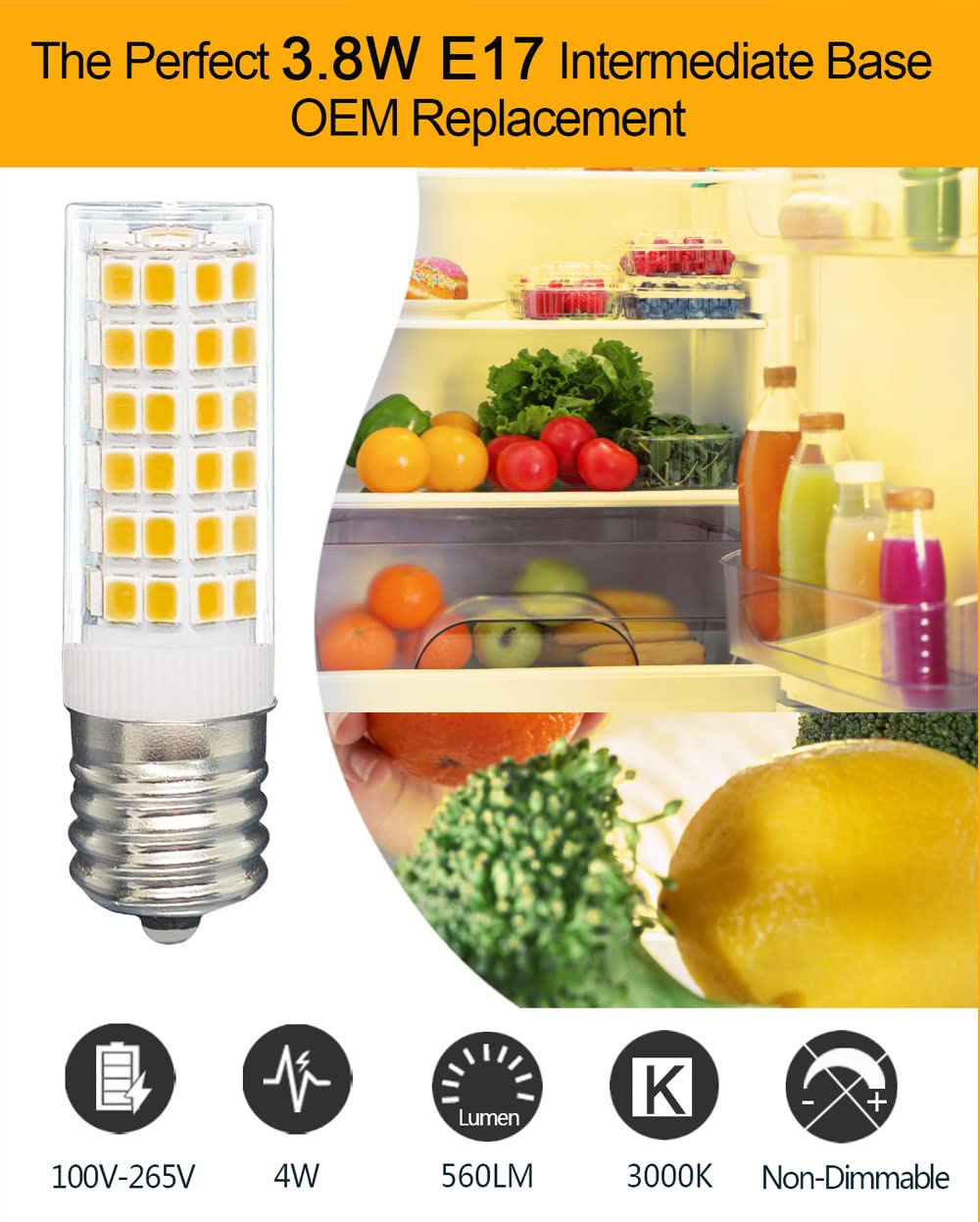 Tupolife E17 Led Bulb 4W Warm White 3000K Replacement For Refrigerators, 560Lm,