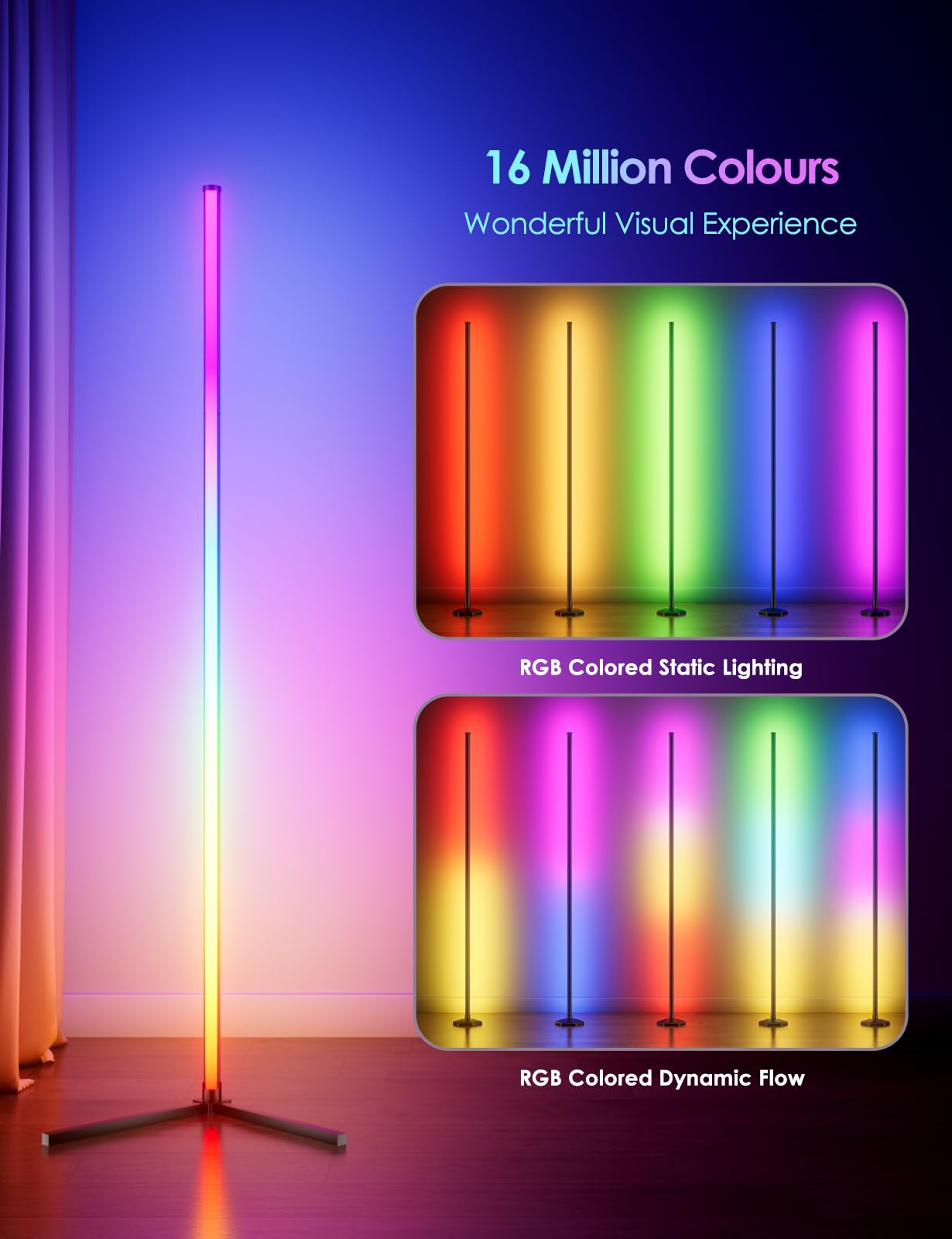 2Pcs Rgb Corner Floor Lamp  64.5 Rgb Color Changing Led Floor Lamp For Living Room App And Remote Modern Light Bar With Music Sync And 16 Million Colors Dimmable Ambient Lighting For Bedroom