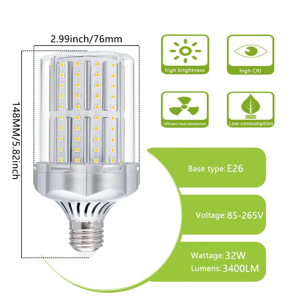 Bogao E26 Led Bulb,32W Led Corn Light Bulb 320W Equivalent 6000K White 3400Lm Non-Dimmable Flicker Free Led Corn Bulb For Indoor